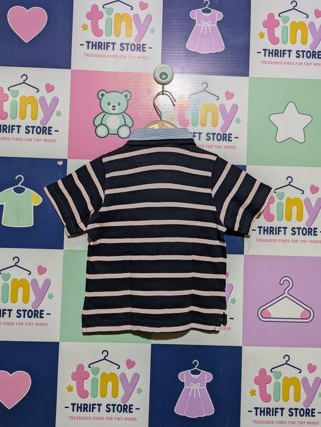 T-Traxx Boys Navy Blue and Light Pink Striped Polo Shirt - Size Estimated Age 4 Years AB2
