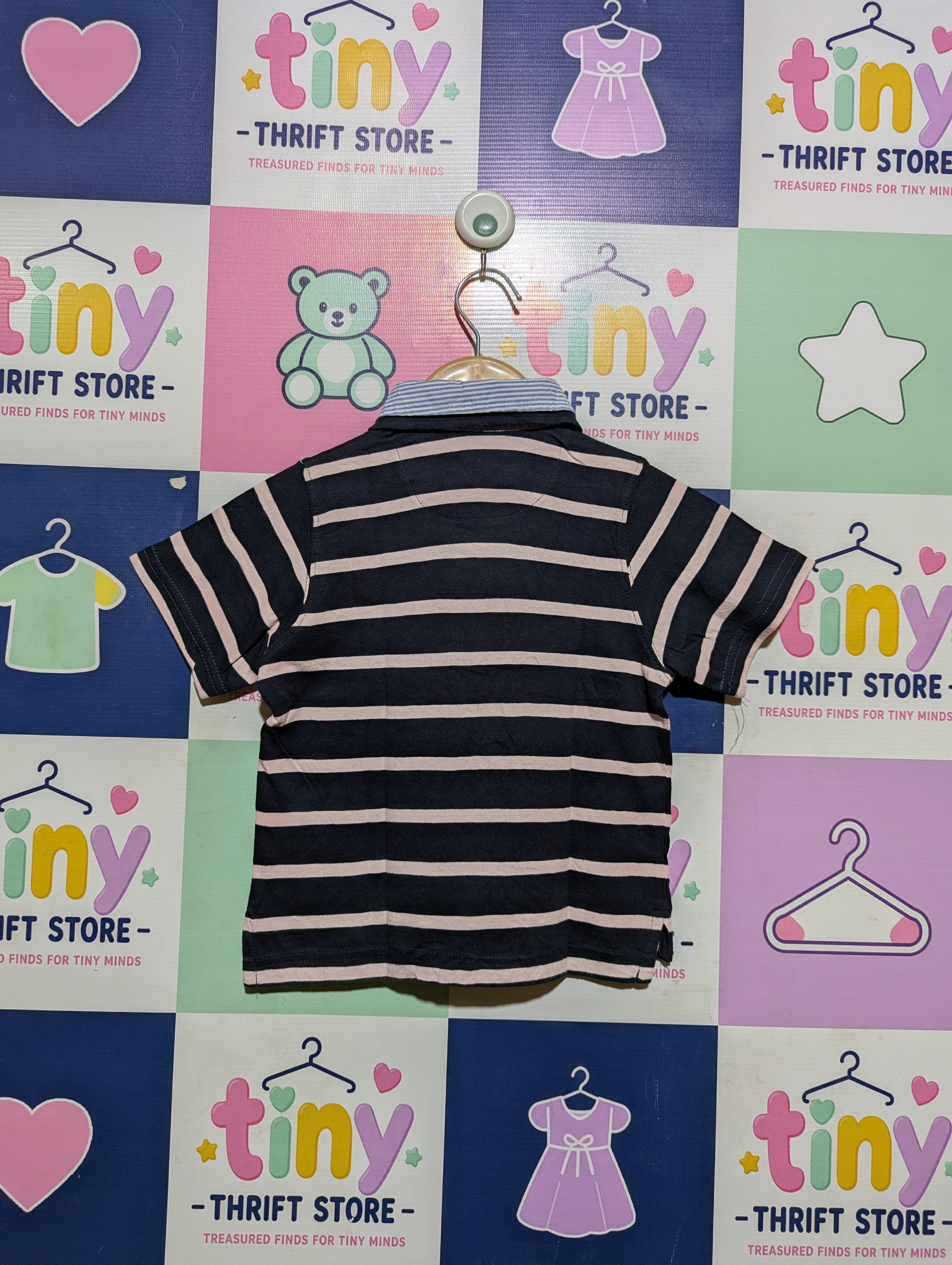 T-Traxx Boys Navy Blue and Light Pink Striped Polo Shirt - Size Estimated Age 4 Years AB2
