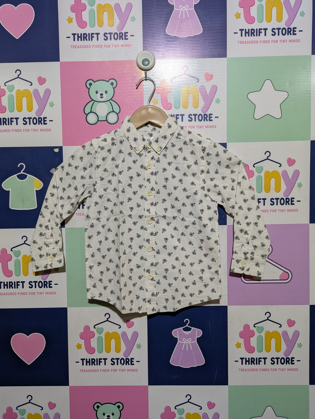 M&Co Kids Boys Off-White All-Over Bicycle Print Long Sleeve Button-Down Shirt - Size Estimated Age 3-4 Years AB2