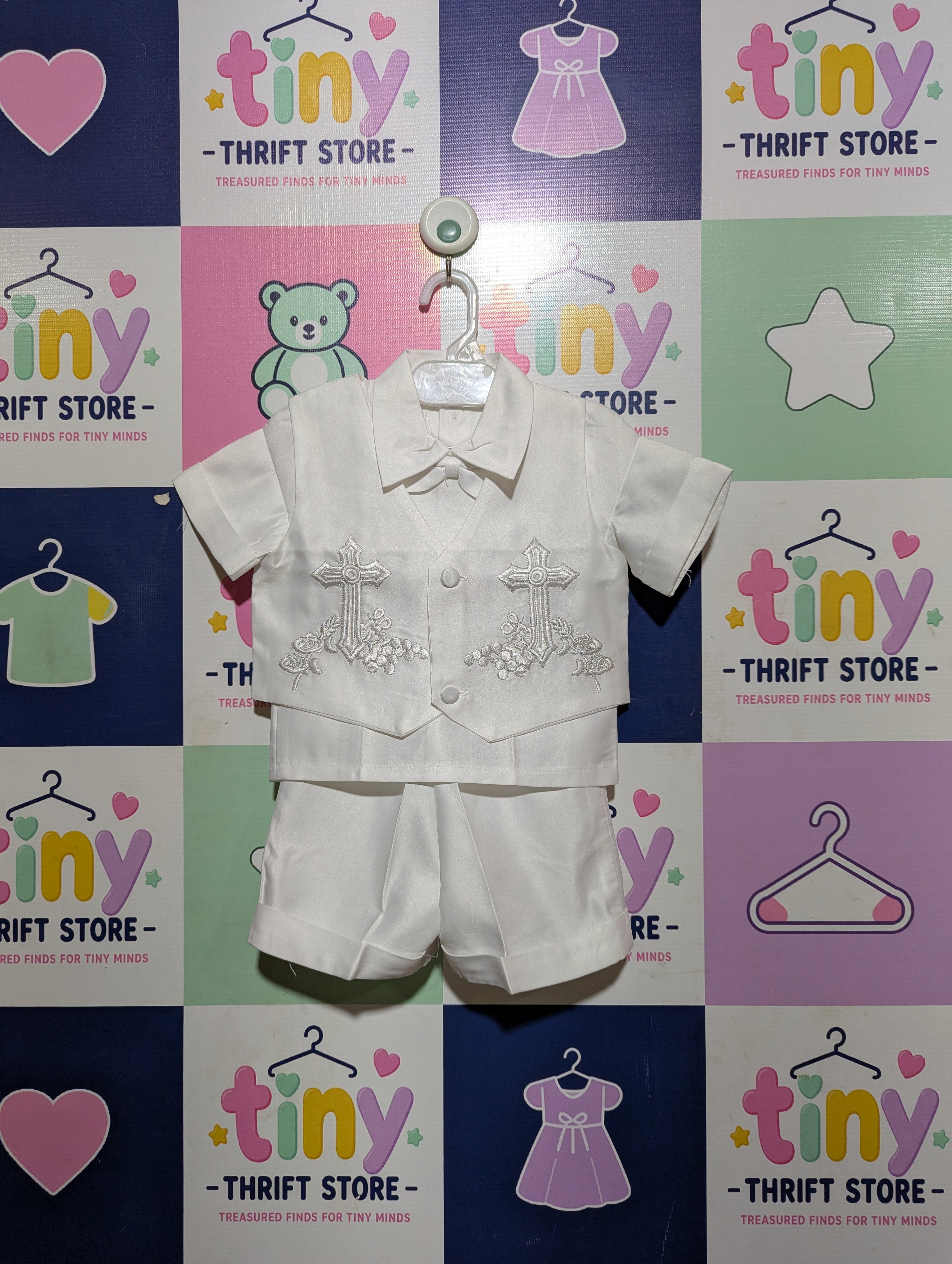 Generic Boys Pure White Embroidered Cross Christening Suit Set - Size Estimated Age 12-18 Months AB2