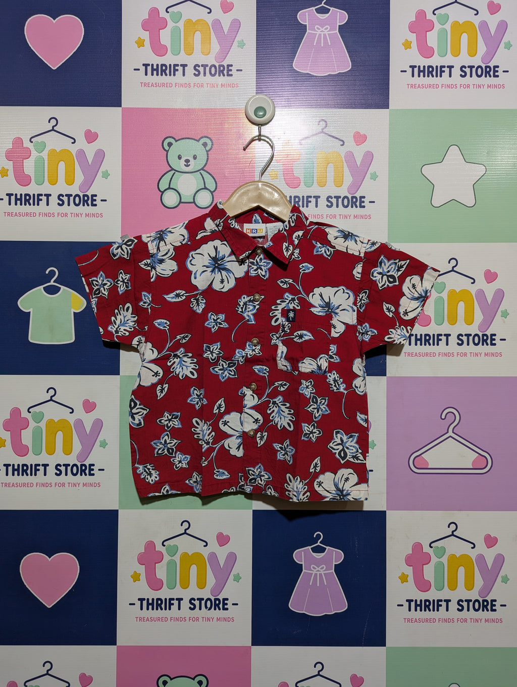 KRU Boys Red Tropical Hibiscus Floral Print Short Sleeve Button-Down Shirt - Size Estimated Age 4T AB2