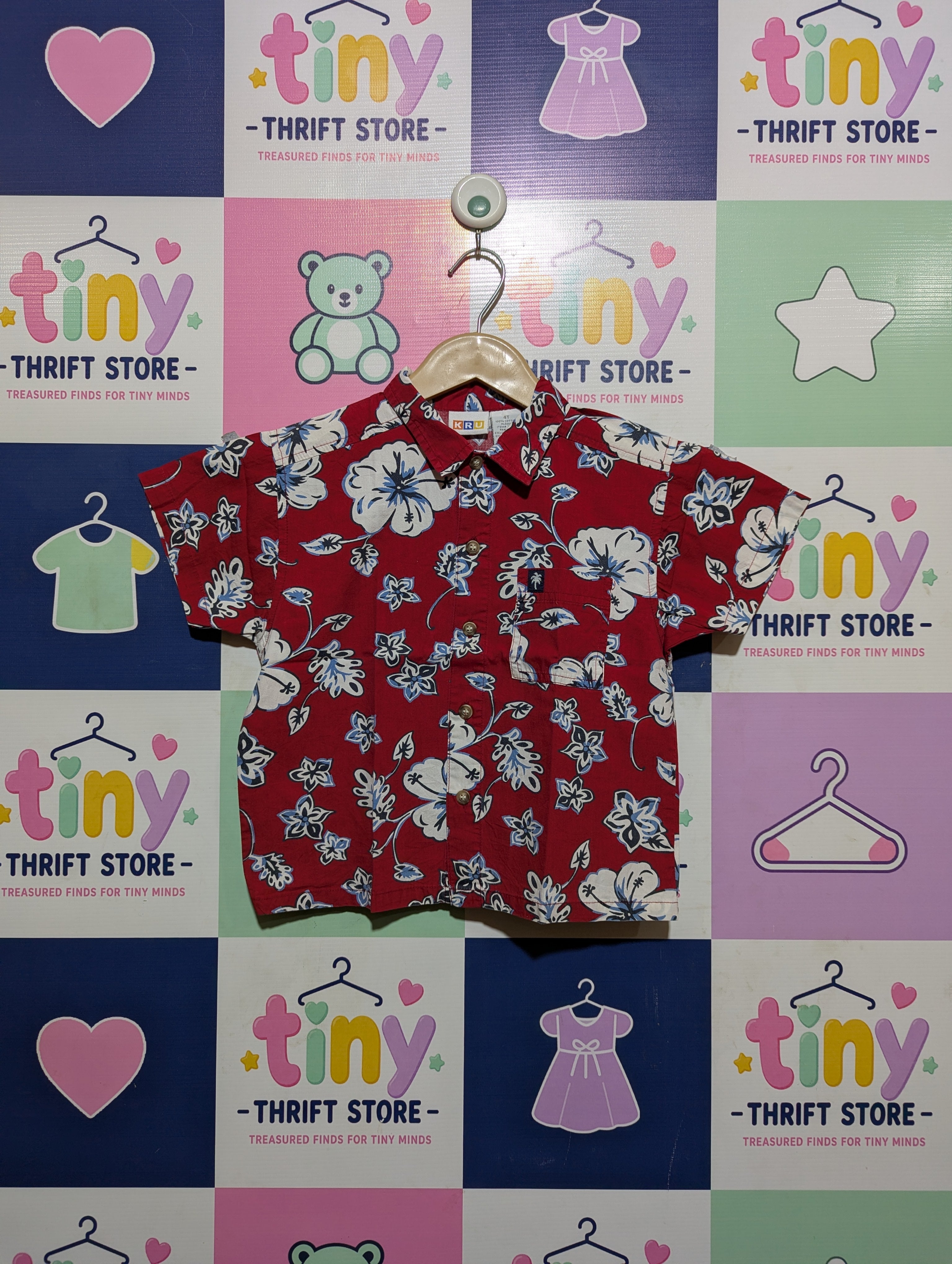 KRU Boys Red Tropical Hibiscus Floral Print Short Sleeve Button-Down Shirt - Size Estimated Age 4T AB2