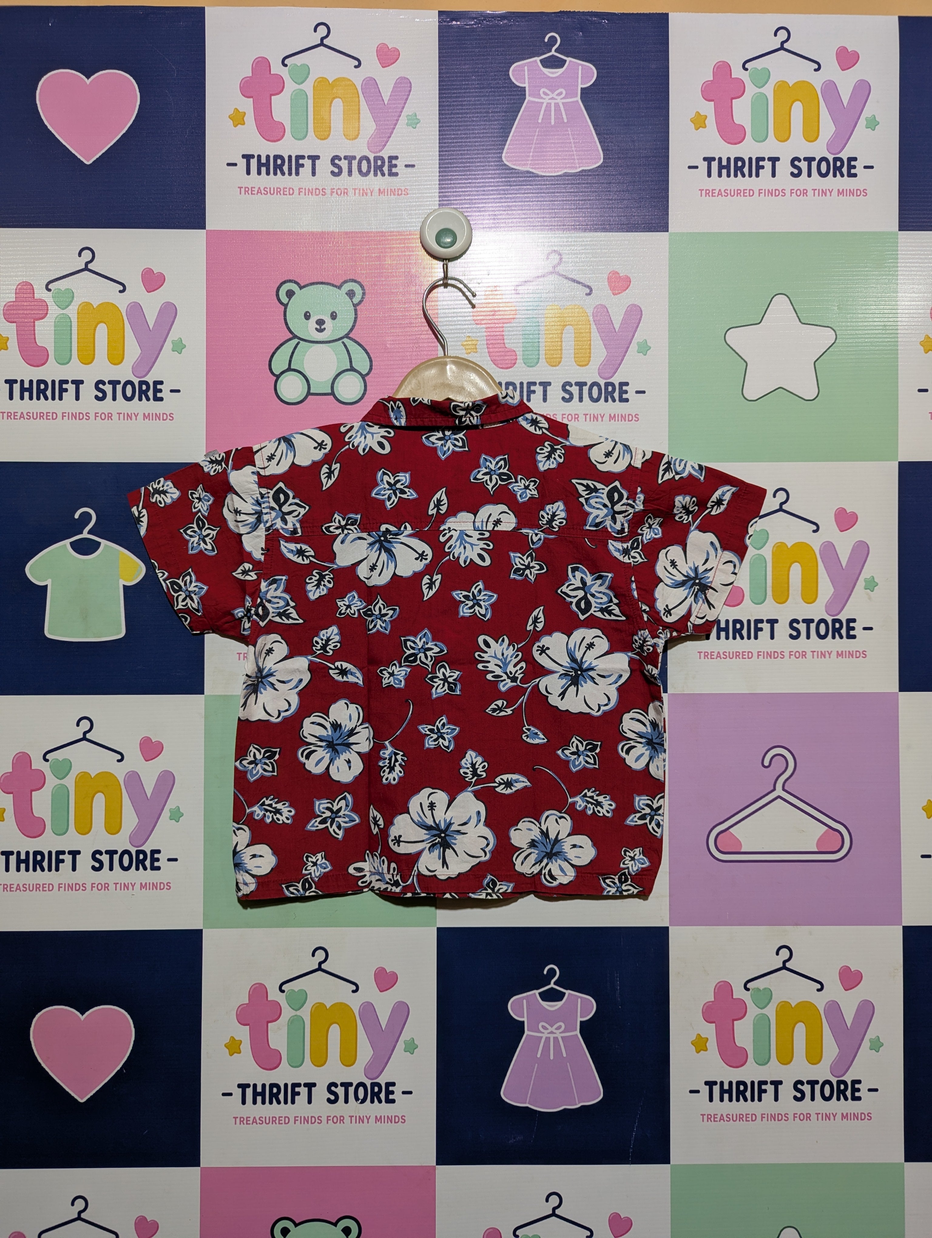 KRU Boys Red Tropical Hibiscus Floral Print Short Sleeve Button-Down Shirt - Size Estimated Age 4T AB2