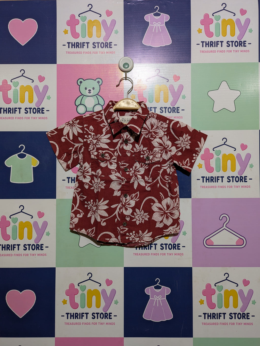 Old Navy Boys Red Tropical Floral Print Short Sleeve Button-Down Shirt - Size Estimated Age 18-24 Months AB2