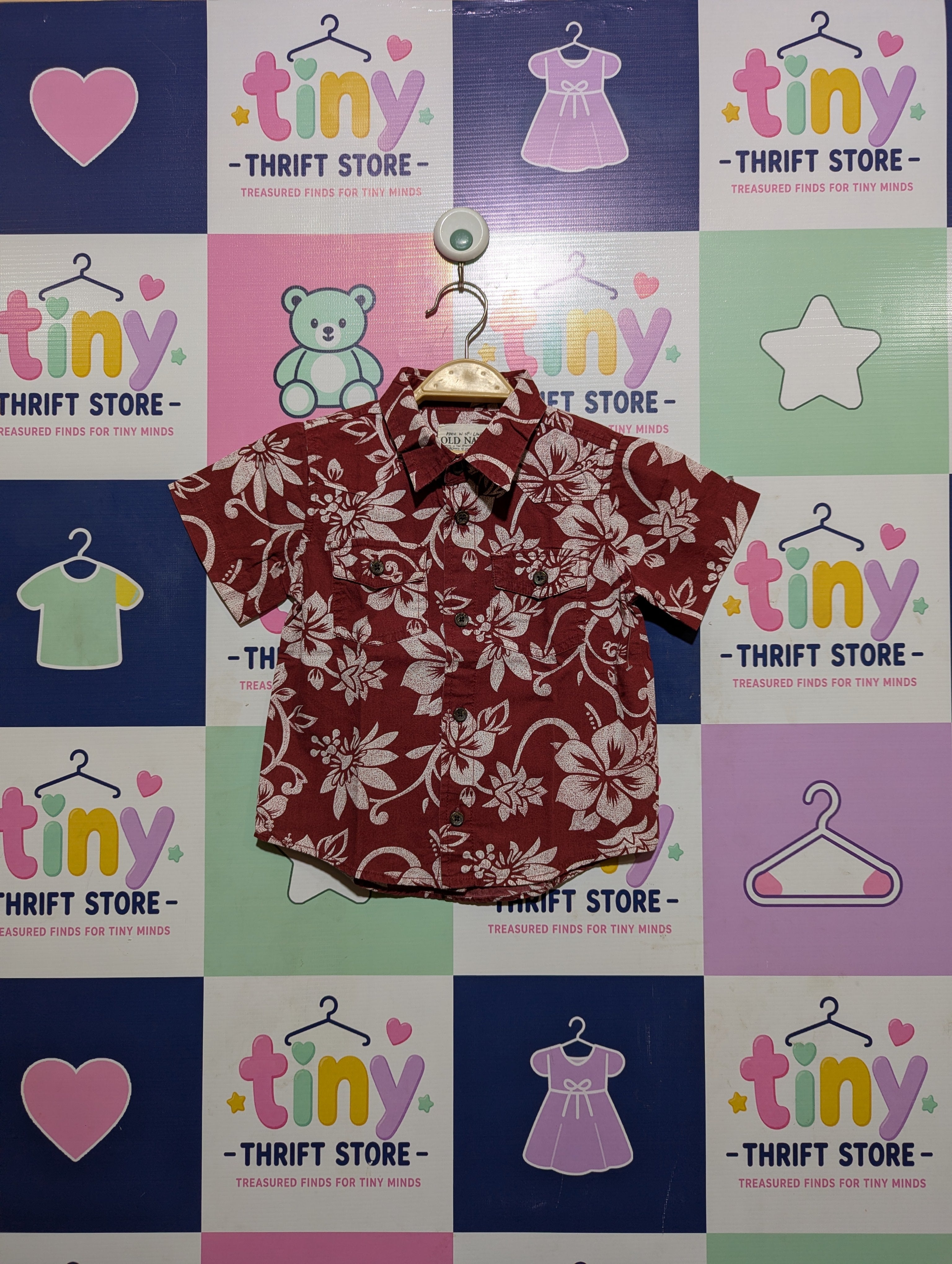 Old Navy Boys Red Tropical Floral Print Short Sleeve Button-Down Shirt - Size Estimated Age 18-24 Months AB2