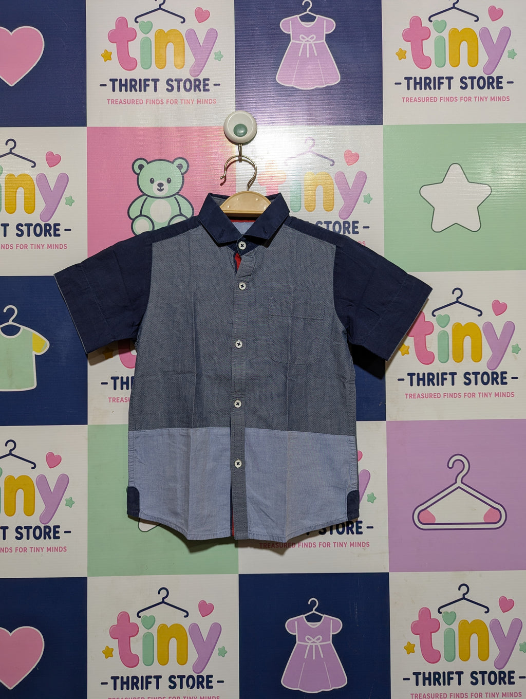 Next Boys Blue Color-Block Short Sleeve Button-Down Shirt - Size Estimated Age 4 Years AB2