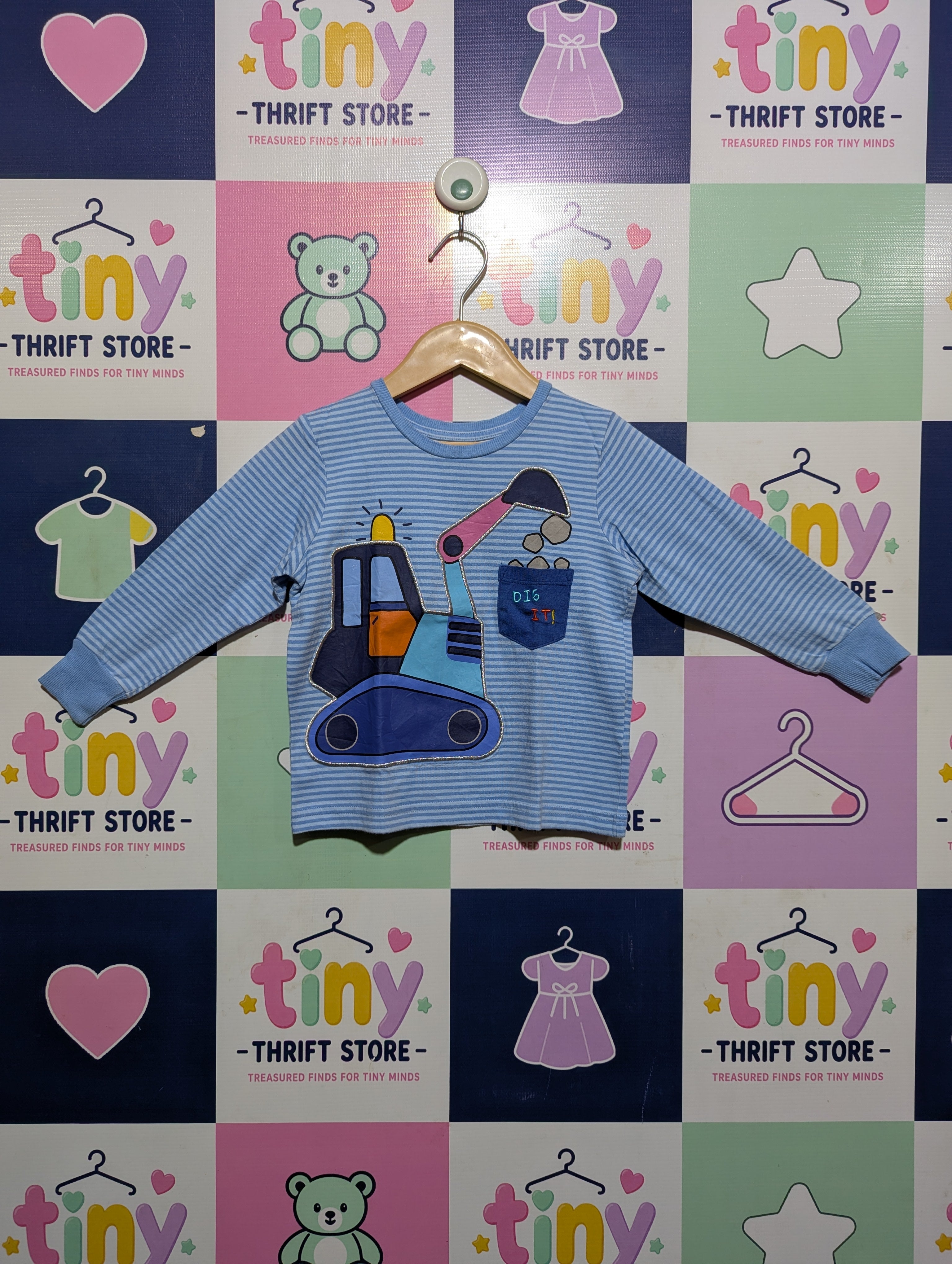 Matalan Boys Blue Striped "Dig It" Construction Truck Long Sleeve Tee - Size Estimated Age 2-3 Years AB2