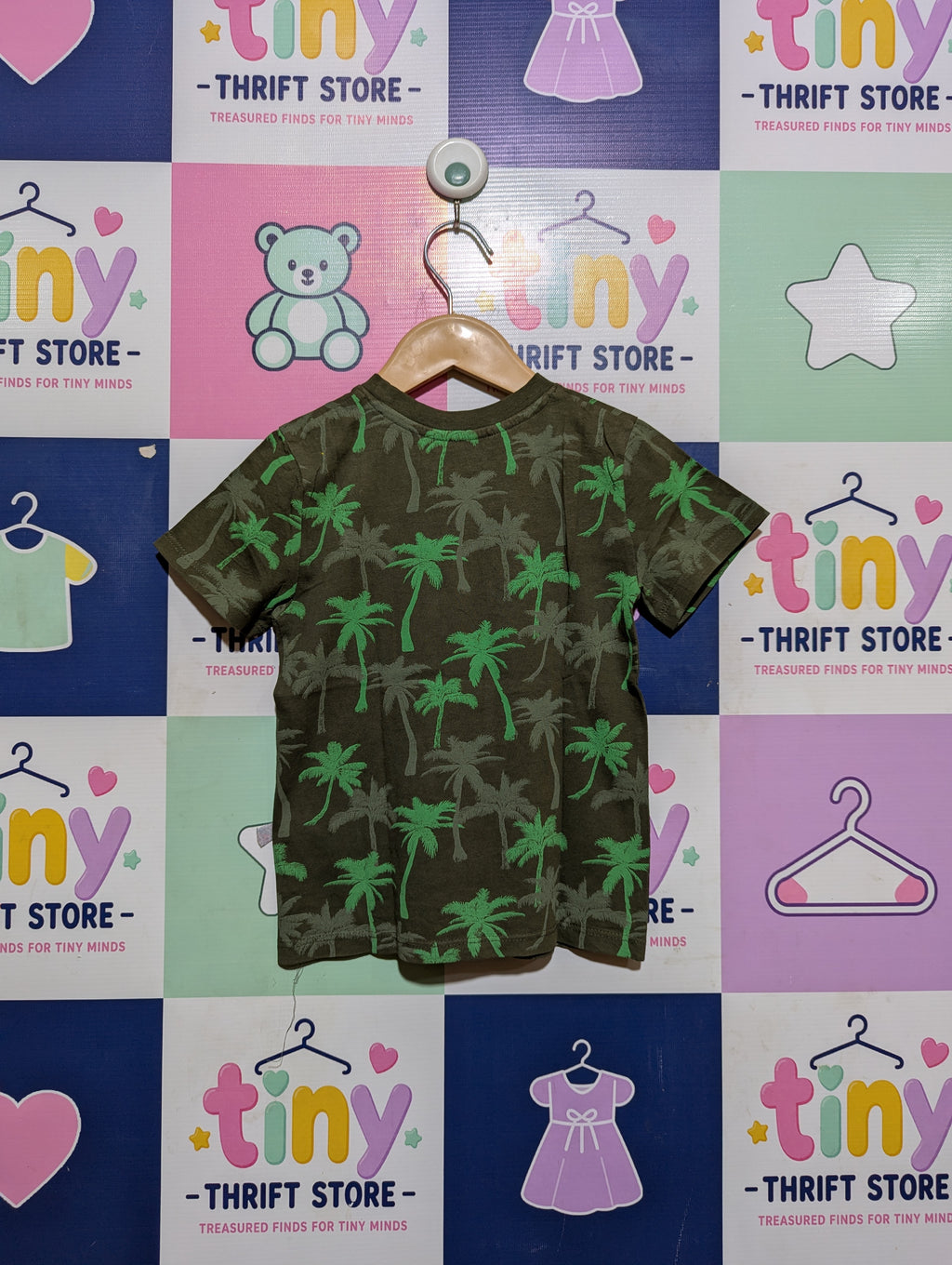 H&M Boys Olive Green "Surf The Waves" Palm Tree Short Sleeve Tee - Size Estimated Age 3-4 Years AB2