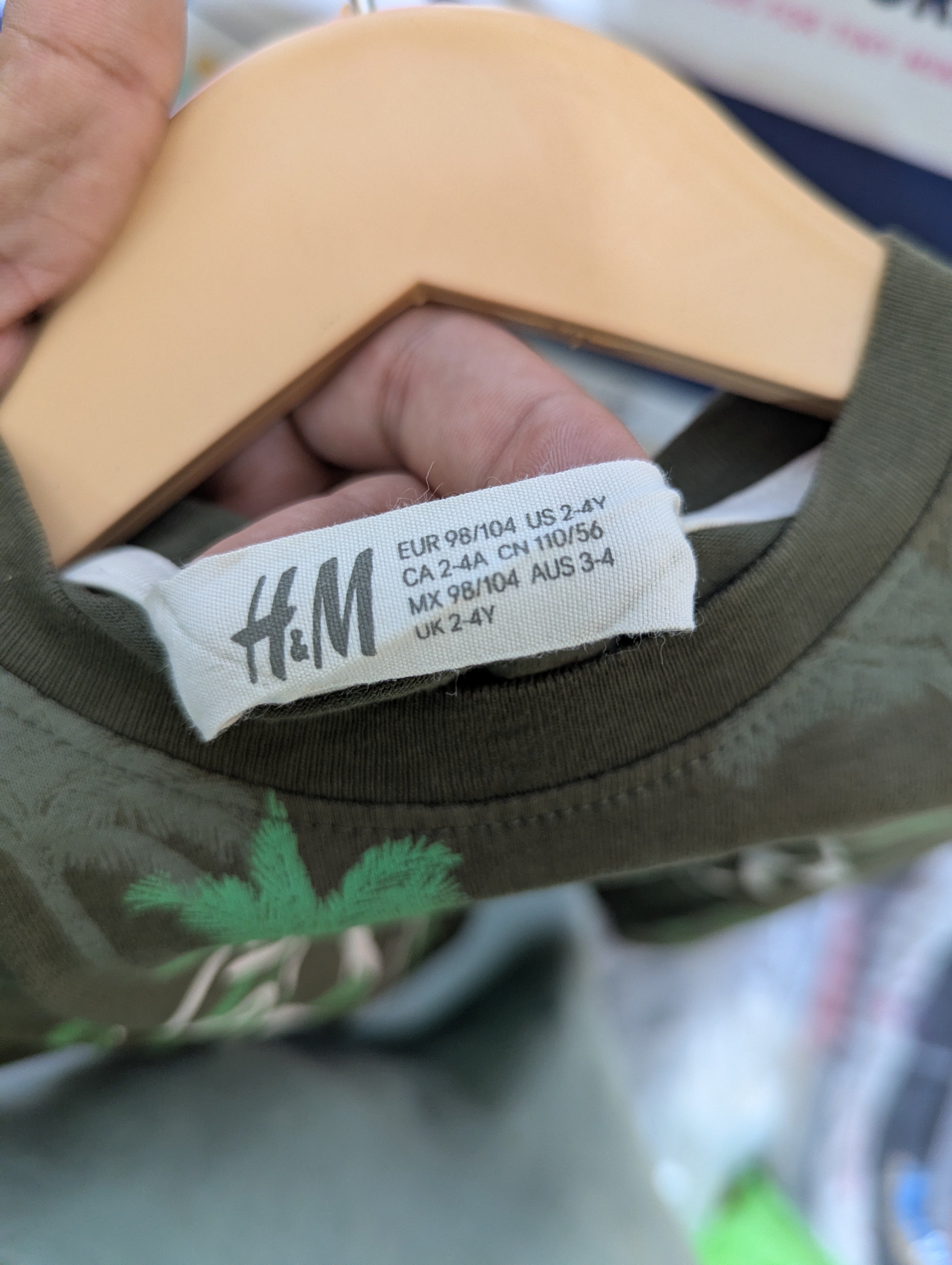 H&M Boys Olive Green "Surf The Waves" Palm Tree Short Sleeve Tee - Size Estimated Age 3-4 Years AB2