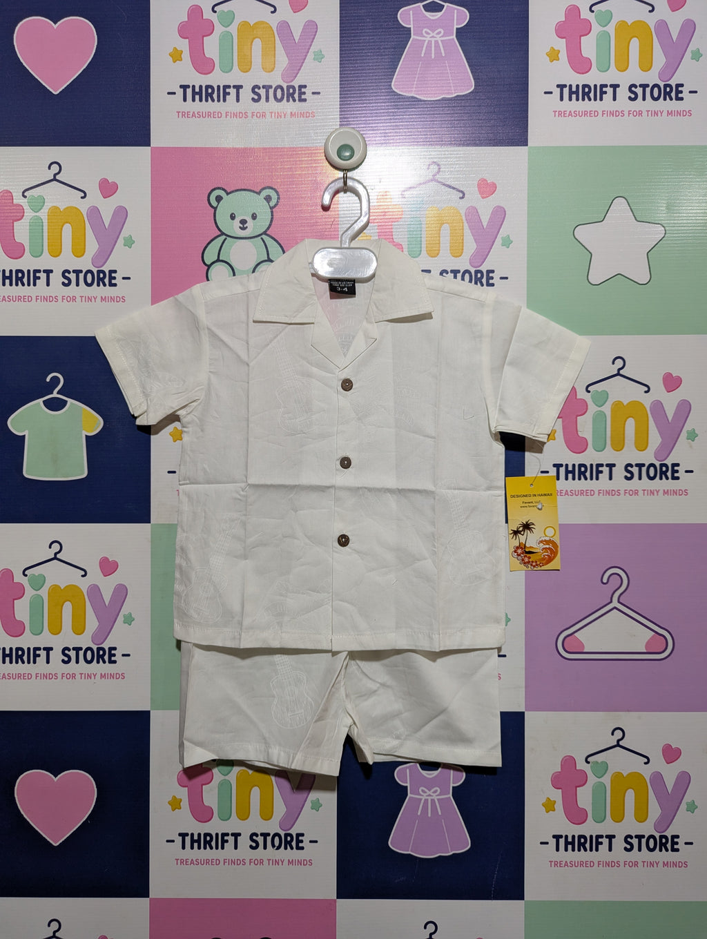 Favant Boys Solid White "Ukulele" Short Sleeve Button-Down Shirt and Shorts Set - Size Estimated Age 3-4 Years AB2
