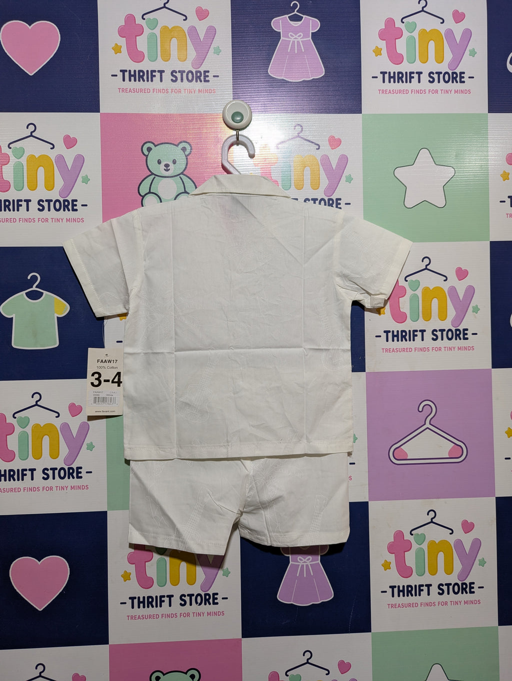 Favant Boys Solid White "Ukulele" Short Sleeve Button-Down Shirt and Shorts Set - Size Estimated Age 3-4 Years AB2