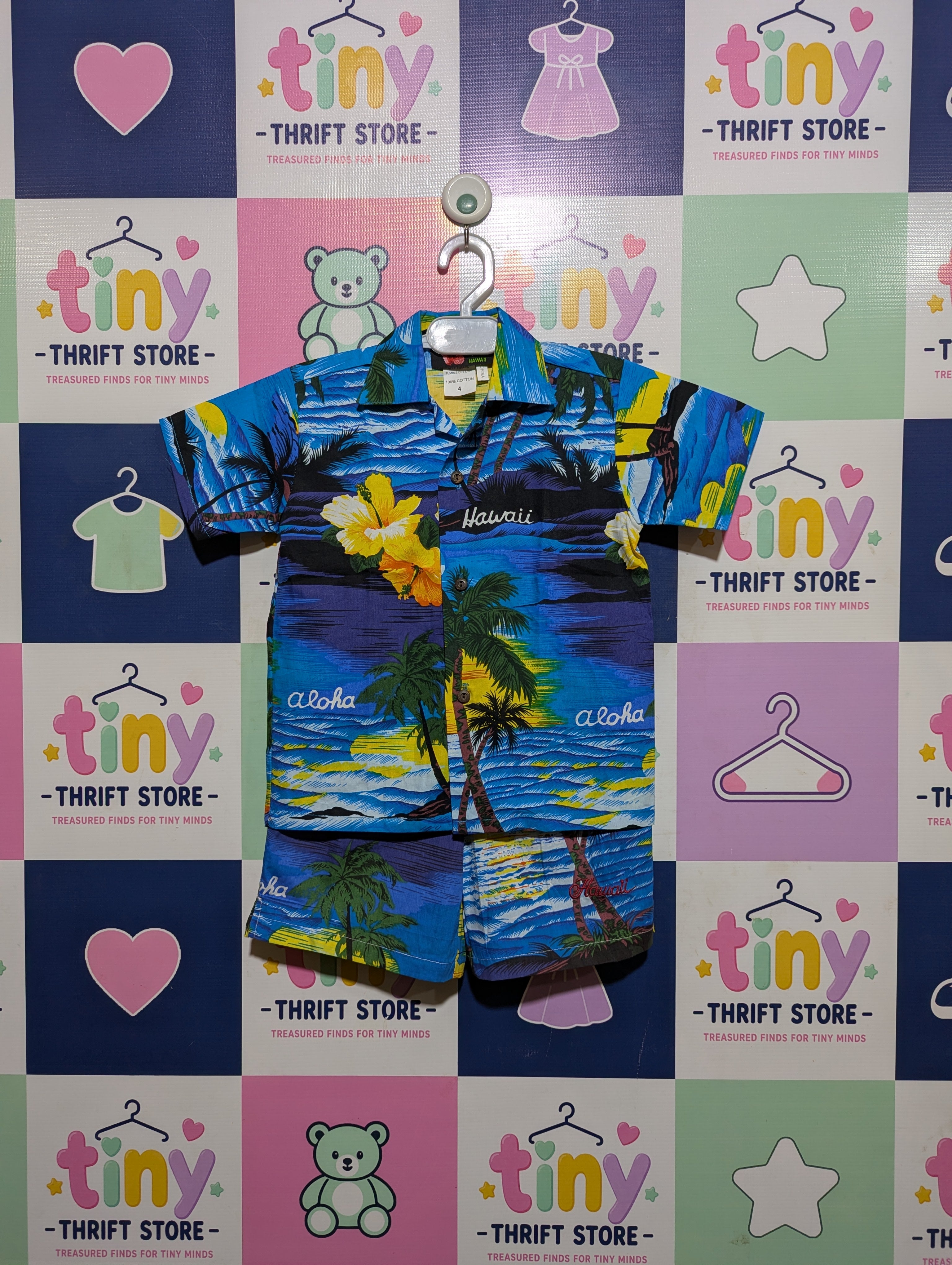 Hawaii Brand Boys Blue Tropical Sunset Aloha Shirt and Shorts Set - Size Estimated Age 4 Years AB2