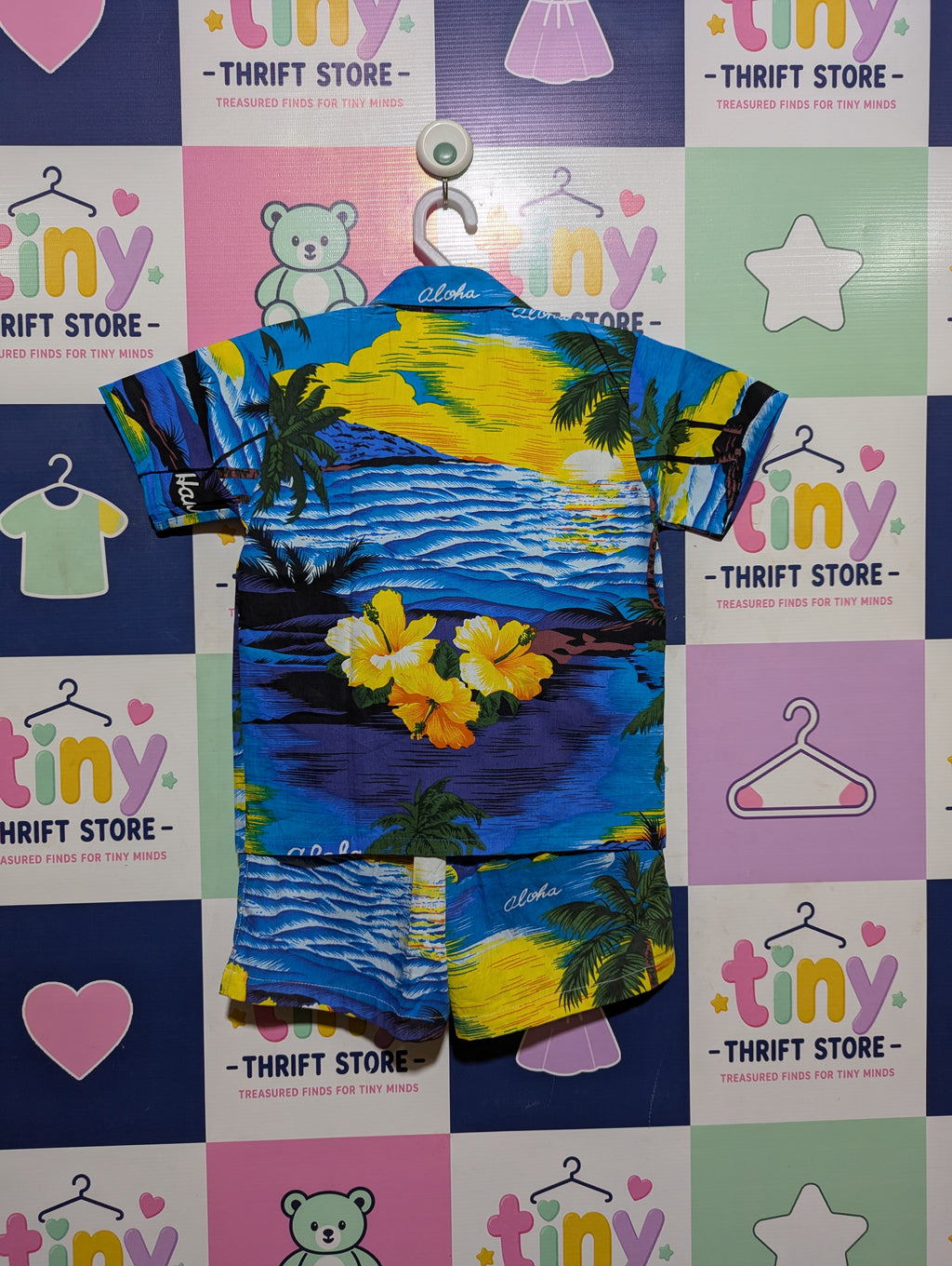 Hawaii Brand Boys Blue Tropical Sunset Aloha Shirt and Shorts Set - Size Estimated Age 4 Years AB2