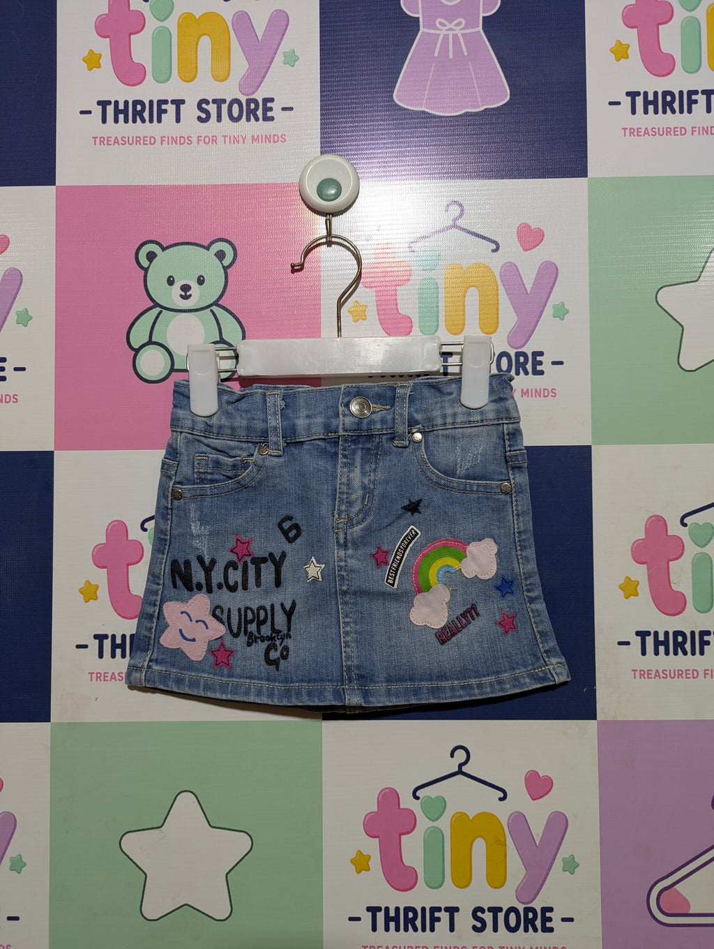 Blue Queen Girls Blue Denim "N.Y. City Supply" Embroidered Skirt - Size 104 Estimated Age 4 Years AB2