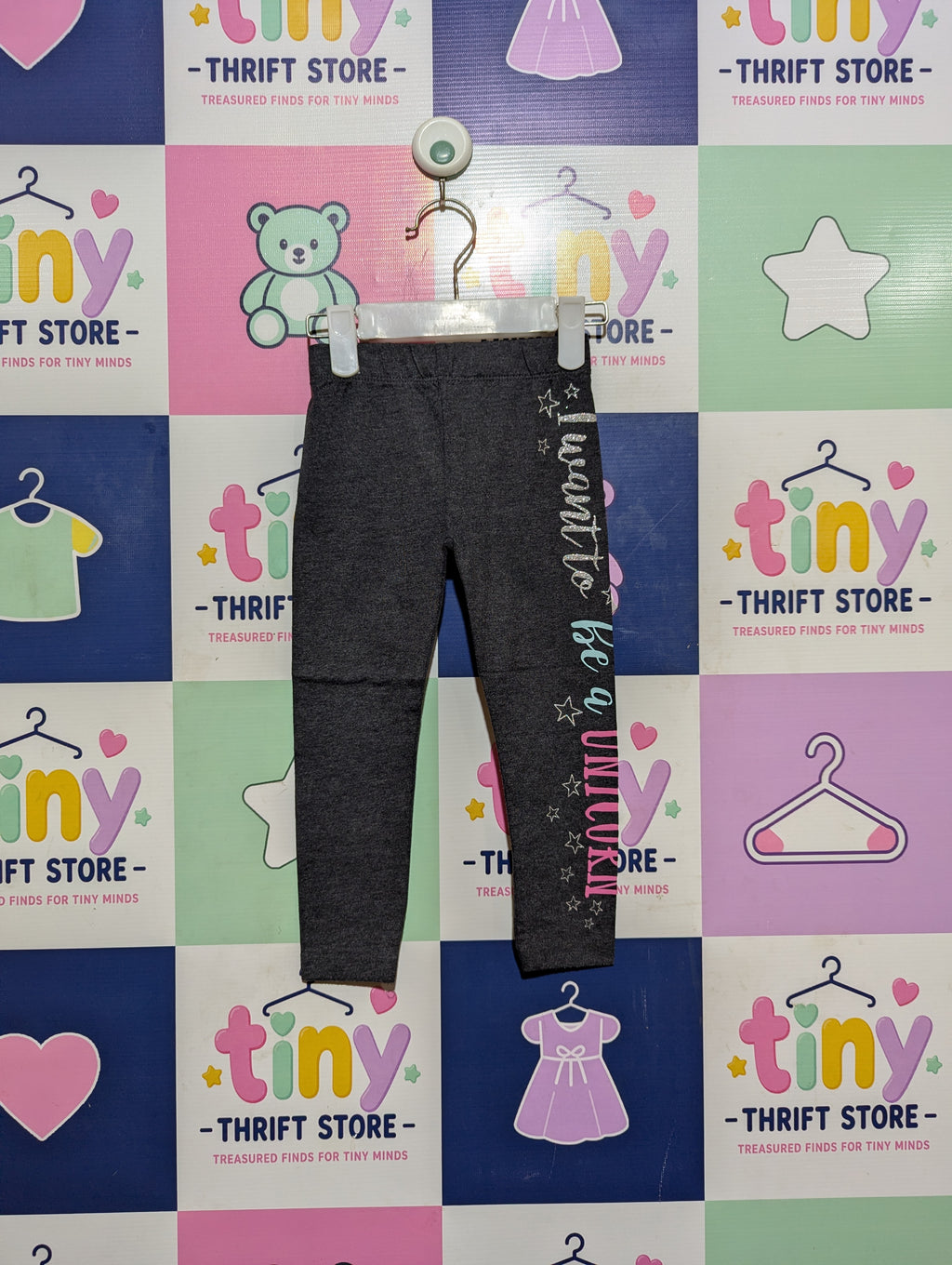 Pepco Girls Dark Grey "I Want To Be A Unicorn" Leggings - Size 98 Estimated Age 3 Years AB2