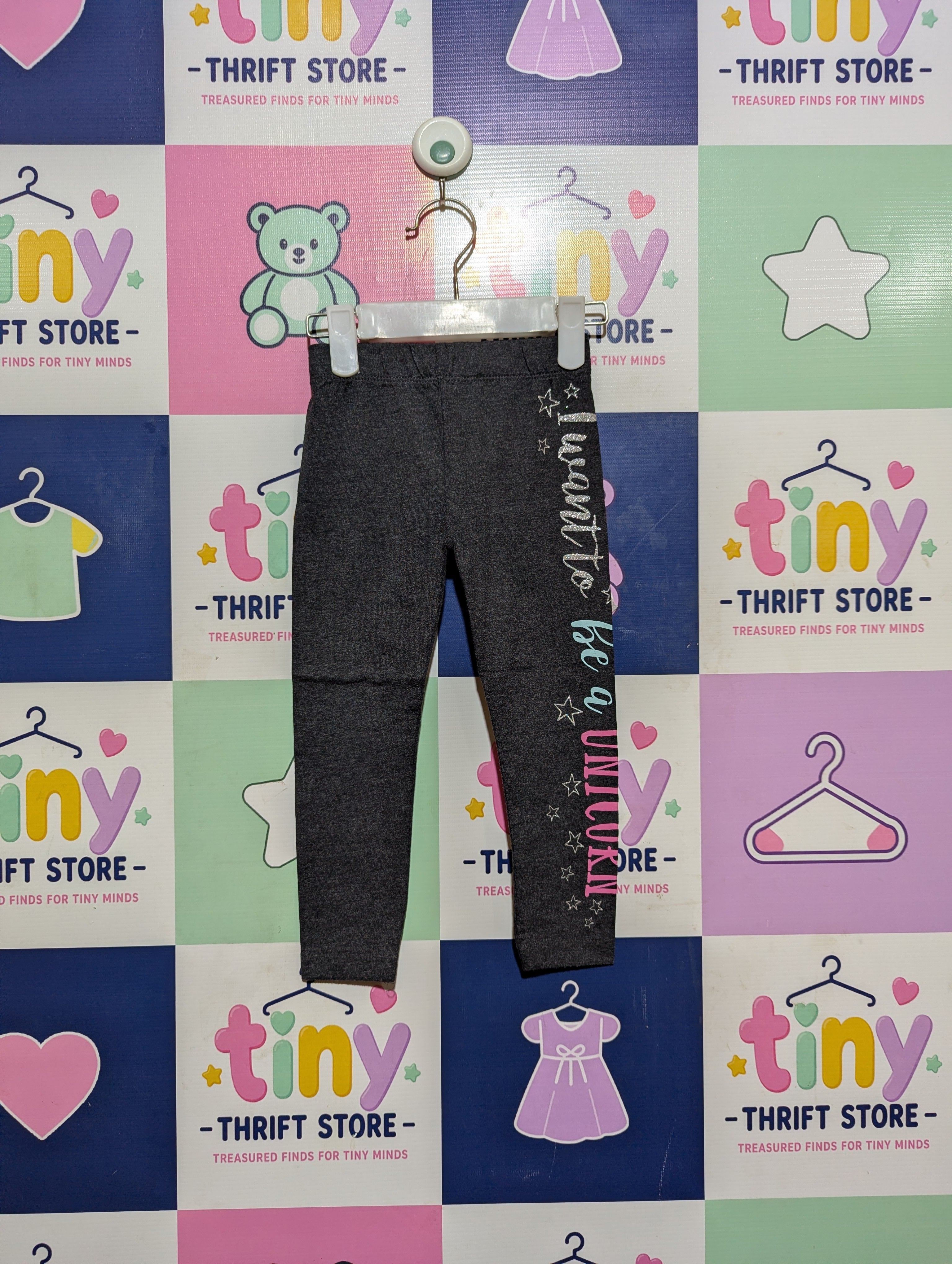 Pepco Girls Dark Grey "I Want To Be A Unicorn" Leggings - Size 98 Estimated Age 3 Years AB2