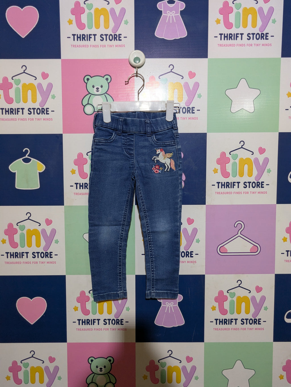 C&A Girls Blue Stretch Denim Unicorn Jeans - Size 98 Estimated Age 3 Years AB2