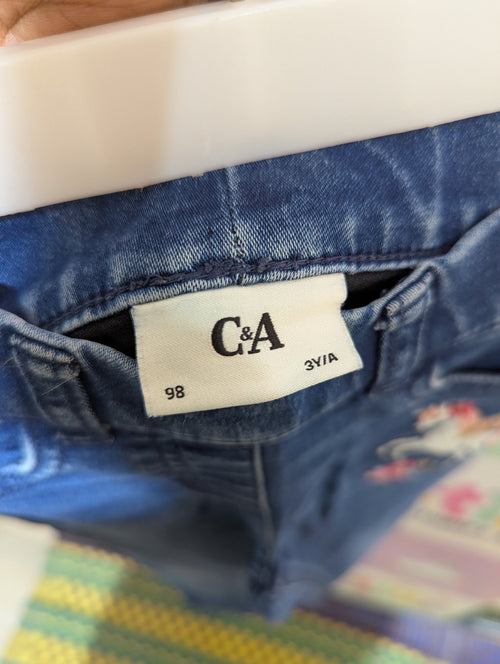 C&A Girls Blue Stretch Denim Unicorn Jeans - Size 98 Estimated Age 3 Years AB2