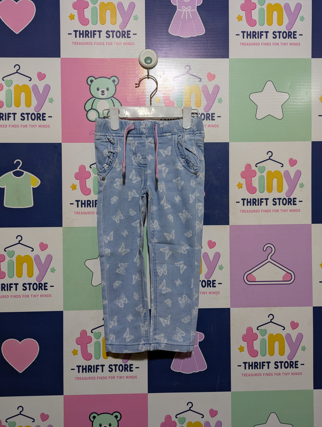 Poco Piano Girls Light Blue Butterfly Print Denim-Look Trousers - Size 98 Estimated Age 3 Years AB2