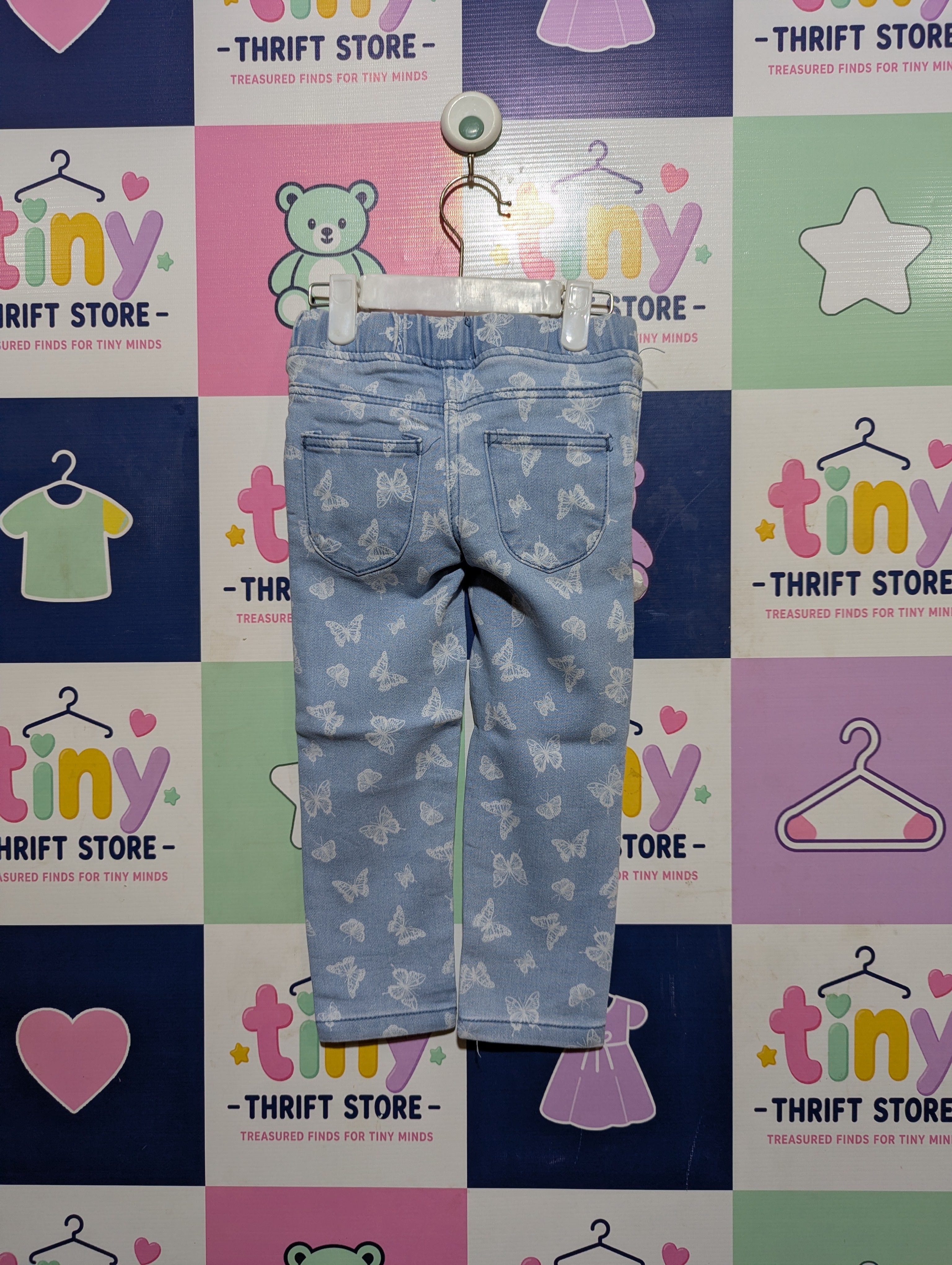Poco Piano Girls Light Blue Butterfly Print Denim-Look Trousers - Size 98 Estimated Age 3 Years AB2