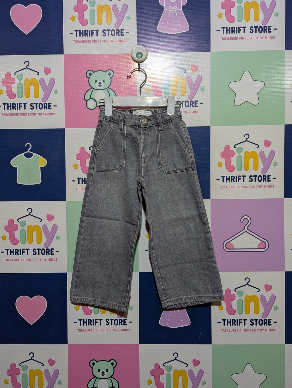 ZARA Kids Girls Grey Acid Wash Wide-Leg Denim Jeans - Size 4 Years (104 cm) Estimated Age 4Y AB2