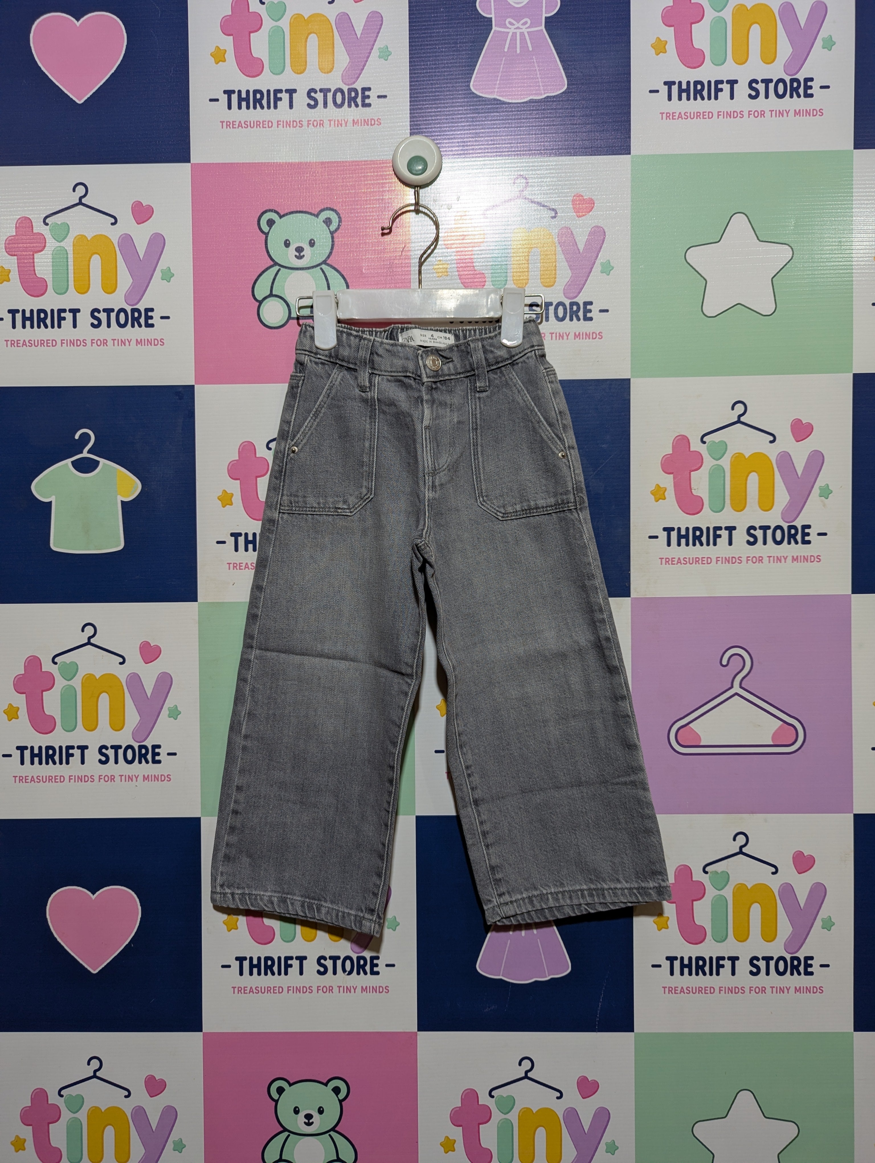 ZARA Kids Girls Grey Acid Wash Wide-Leg Denim Jeans - Size 4 Years (104 cm) Estimated Age 4Y AB2