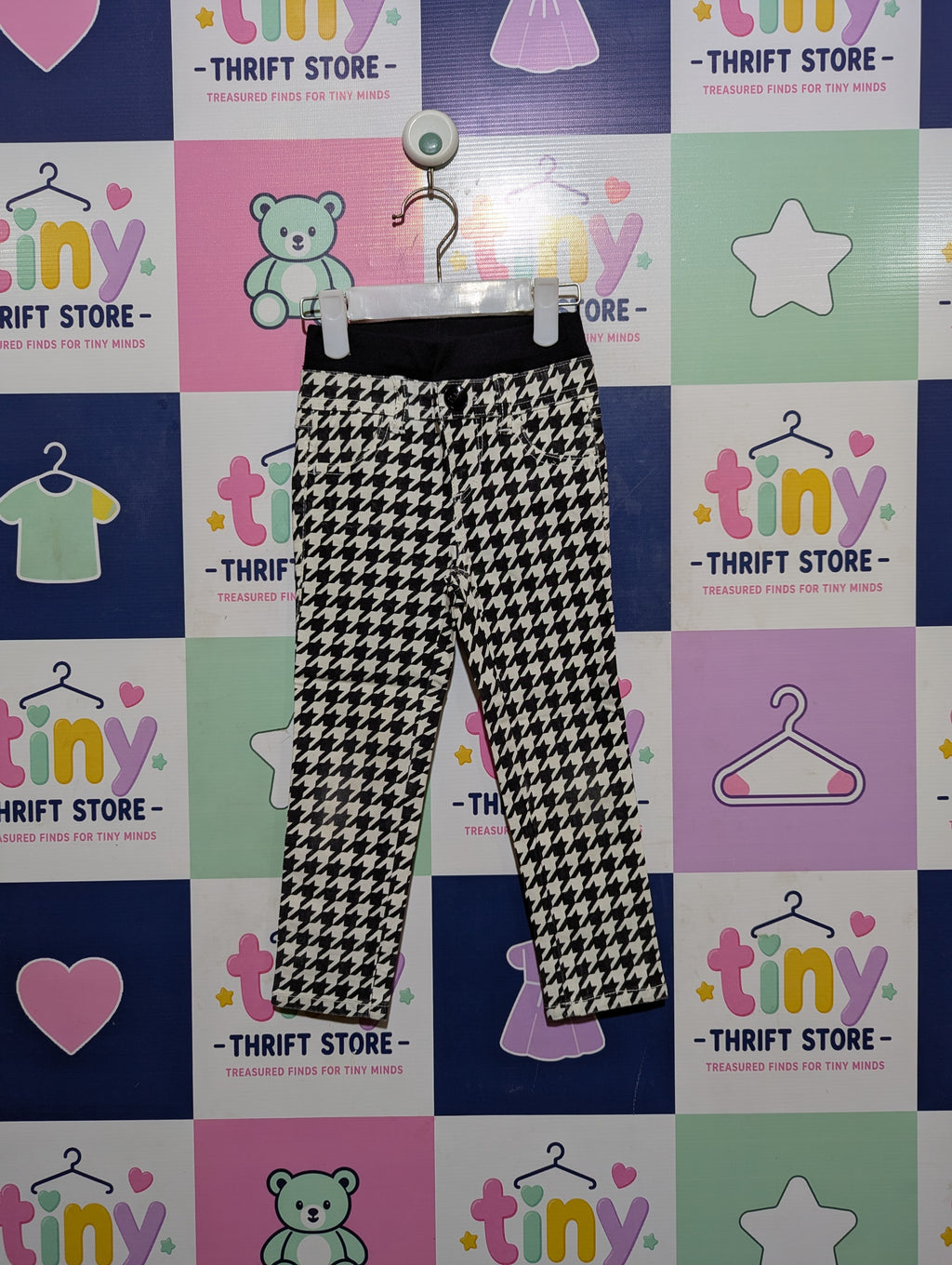 GU Girls Black and White Houndstooth Print Stretch Leggings - Size 100 (Estimated Age 3-4 Years) AB2