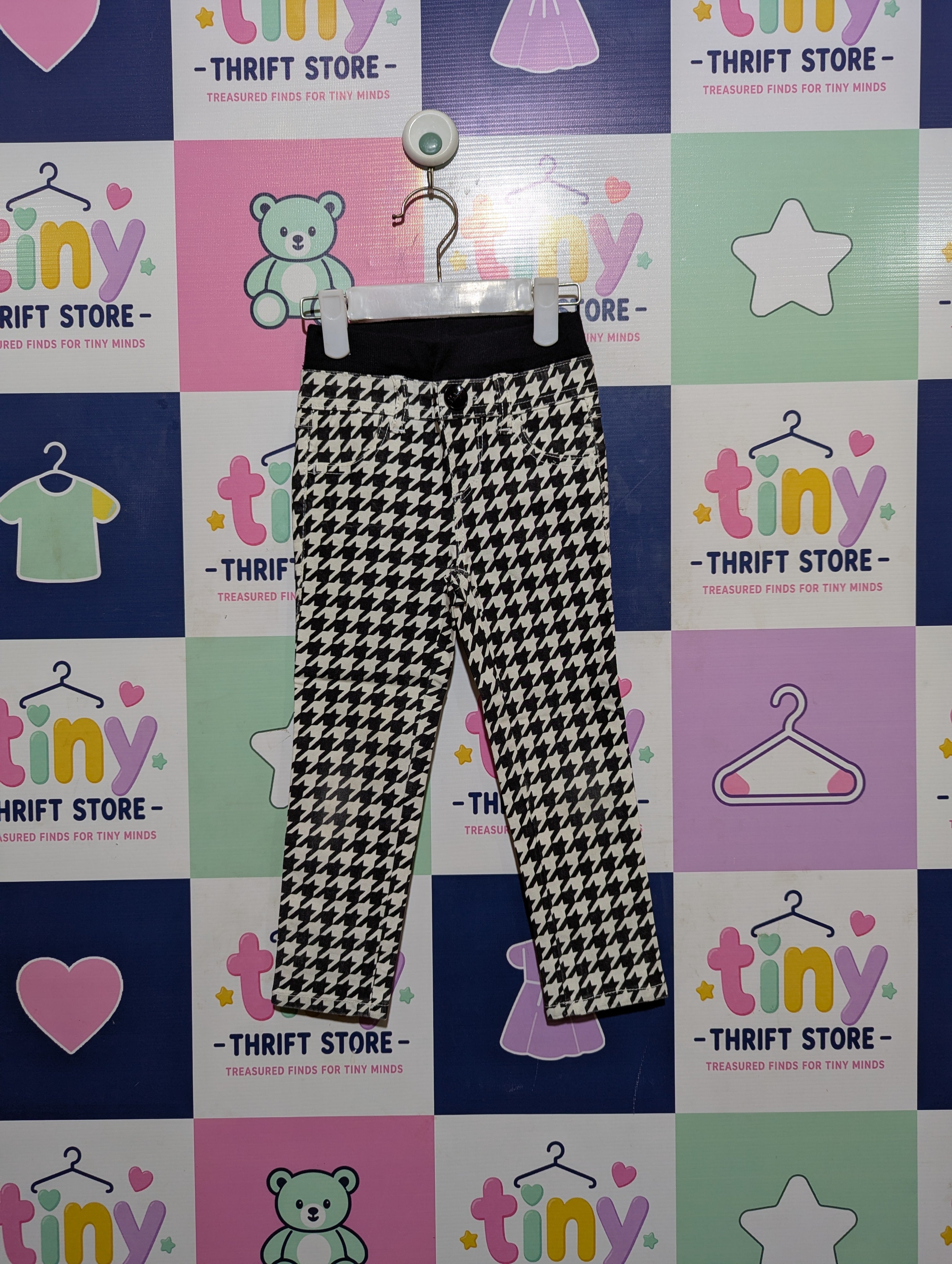 GU Girls Black and White Houndstooth Print Stretch Leggings - Size 100 (Estimated Age 3-4 Years) AB2