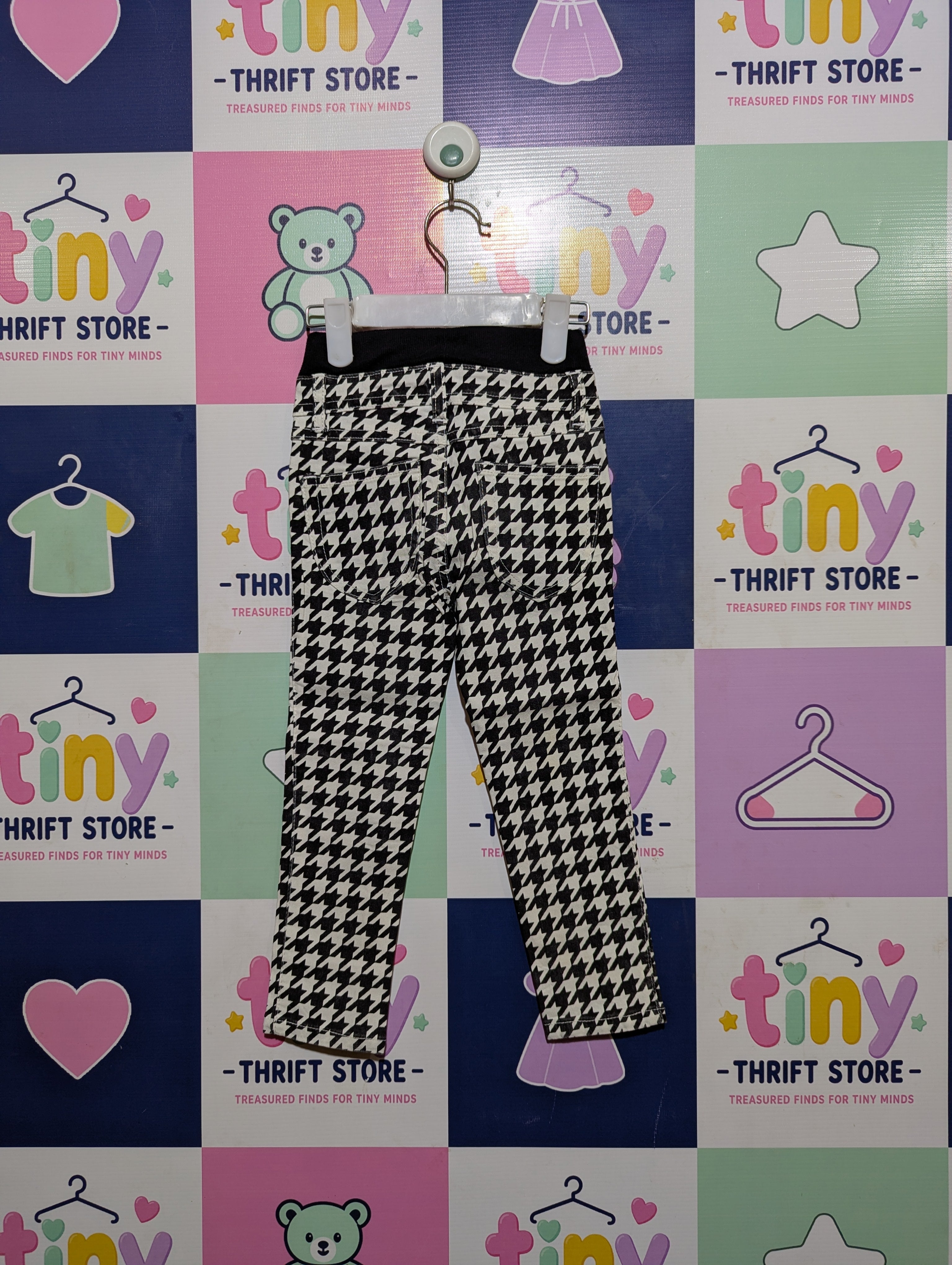 GU Girls Black and White Houndstooth Print Stretch Leggings - Size 100 (Estimated Age 3-4 Years) AB2