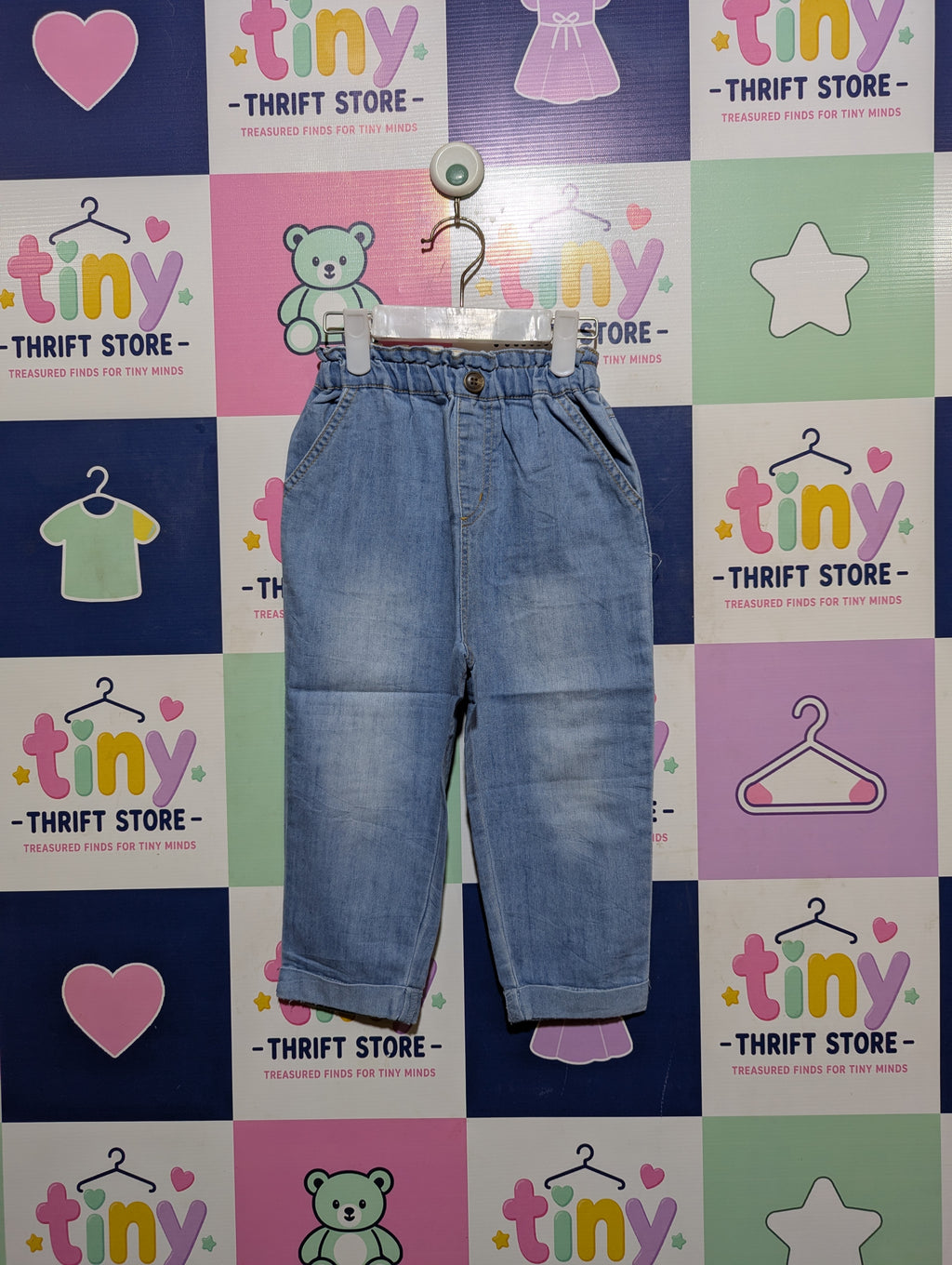 petit main Girls Light Wash Ruffled Waist Denim Trousers - Size 100 (Estimated Age 3-4 Years) AB2