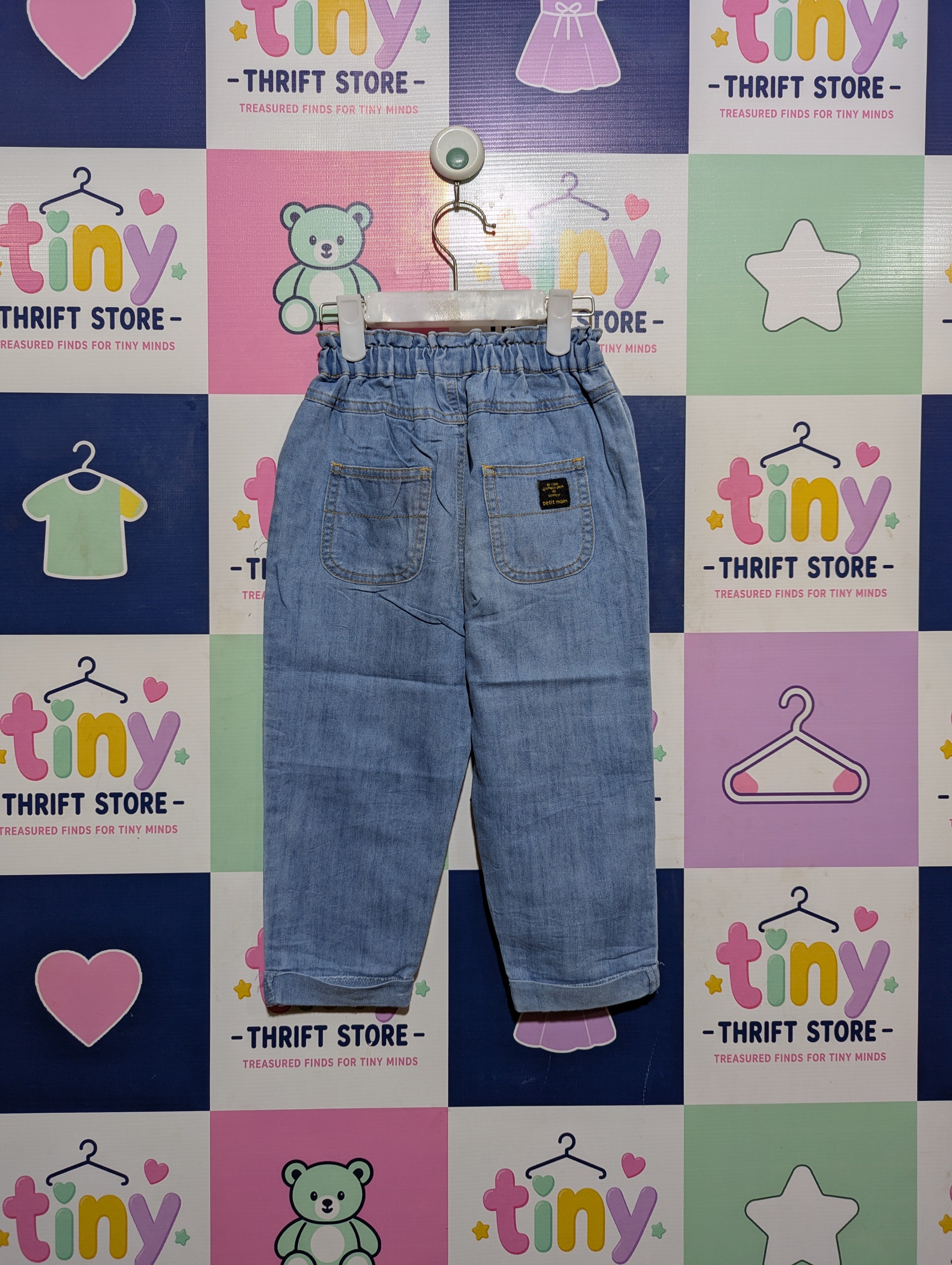 petit main Girls Light Wash Ruffled Waist Denim Trousers - Size 100 (Estimated Age 3-4 Years) AB2