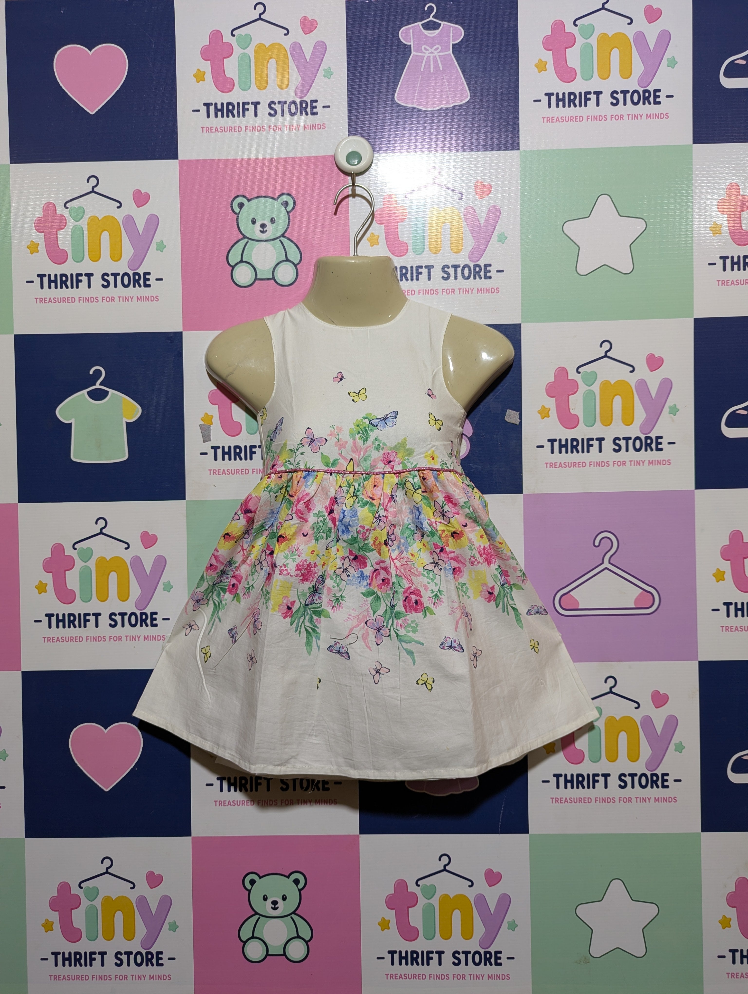 Primark Girls White Floral & Butterfly Print Sleeveless Dress - Size 24-36M (98 cm) Estimated Age 2-3 Years AB2