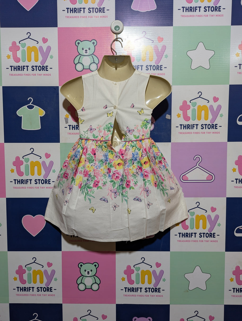 Primark Girls White Floral & Butterfly Print Sleeveless Dress - Size 24-36M (98 cm) Estimated Age 2-3 Years AB2