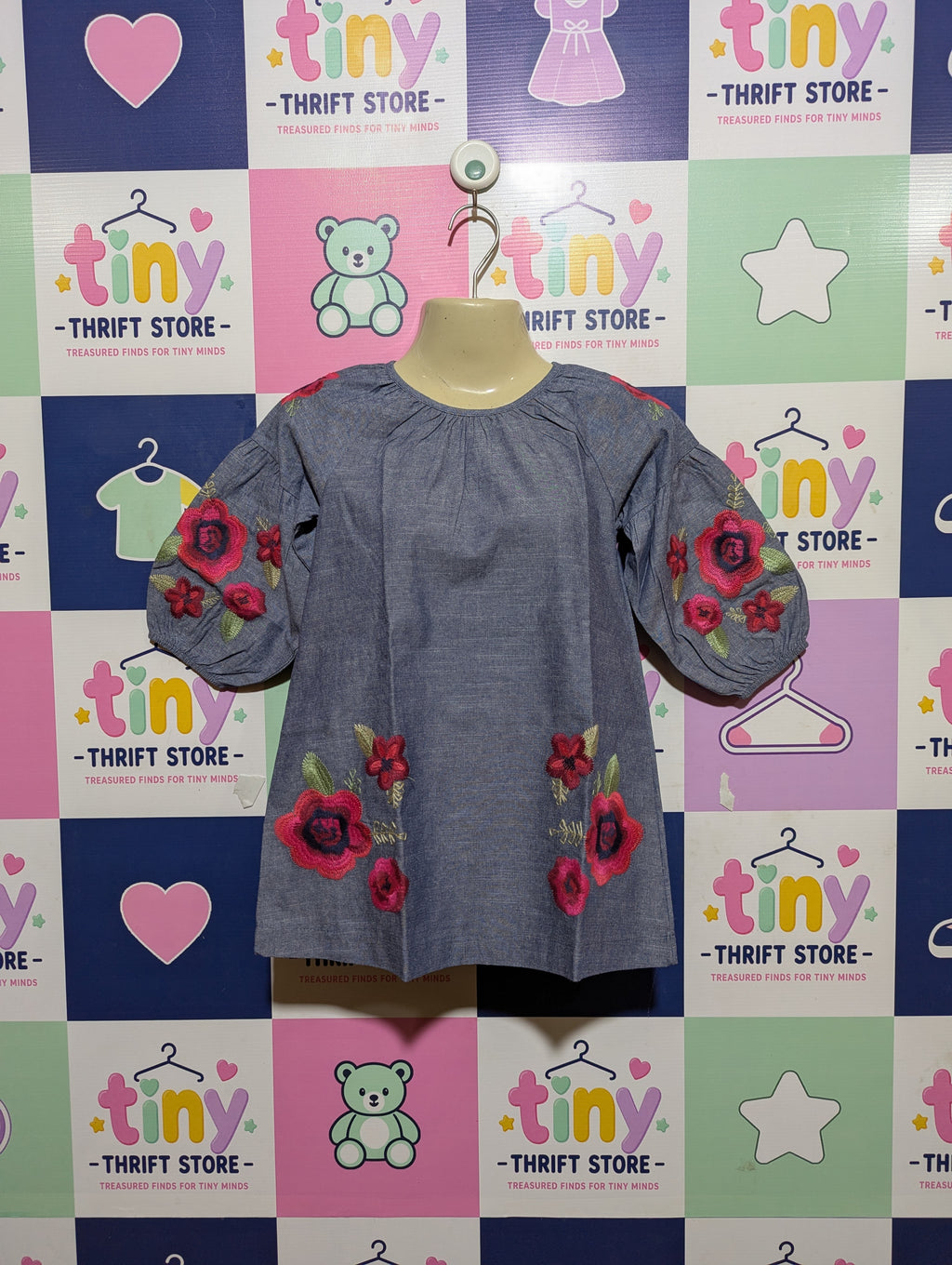 Mud Pie Girls Blue Chambray Floral Embroidered Dress - Size 4T Estimated Age 4 Years AB2