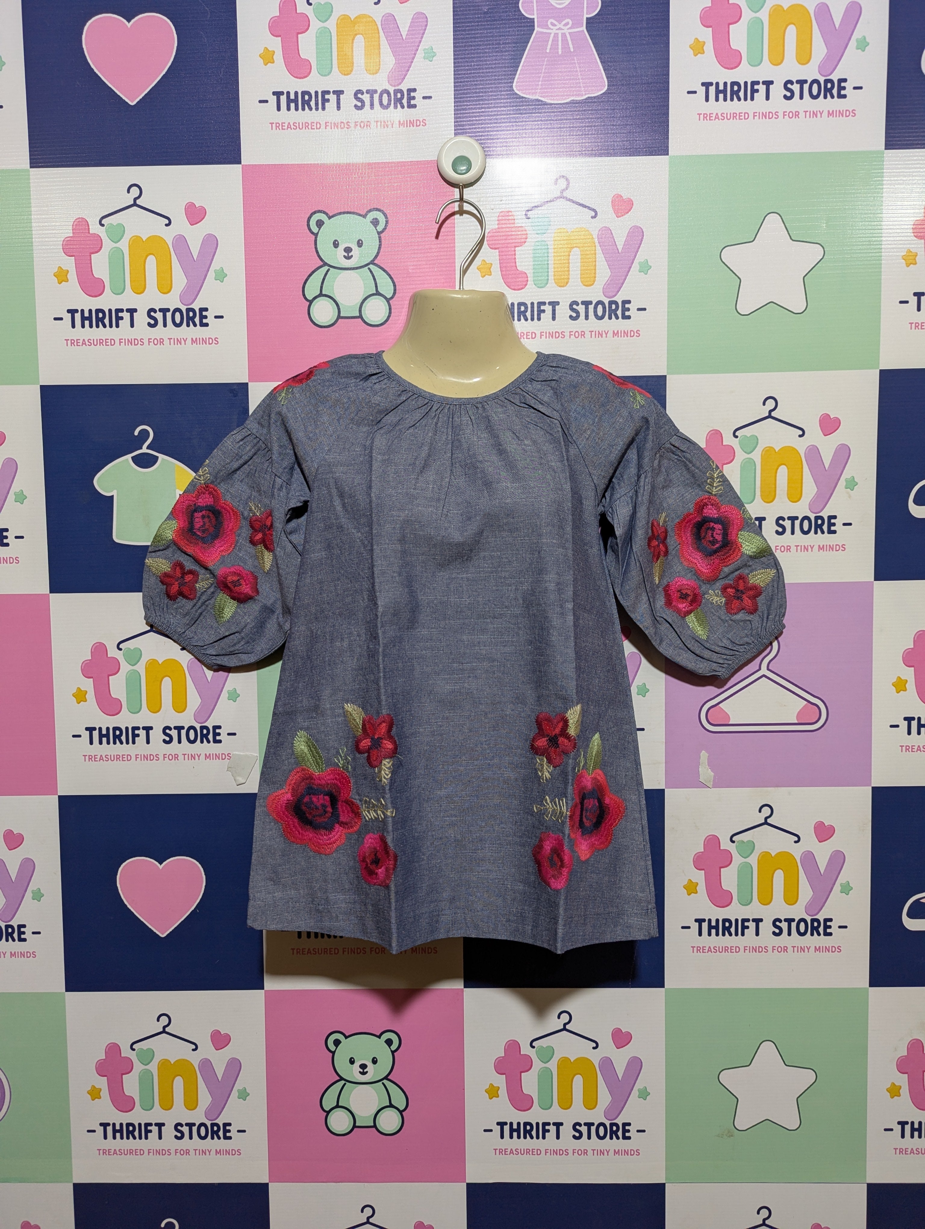 Mud Pie Girls Blue Chambray Floral Embroidered Dress - Size 4T Estimated Age 4 Years AB2