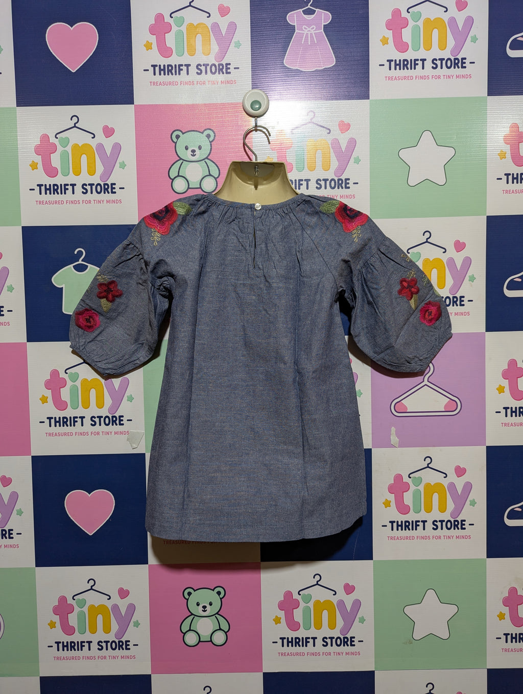 Mud Pie Girls Blue Chambray Floral Embroidered Dress - Size 4T Estimated Age 4 Years AB2