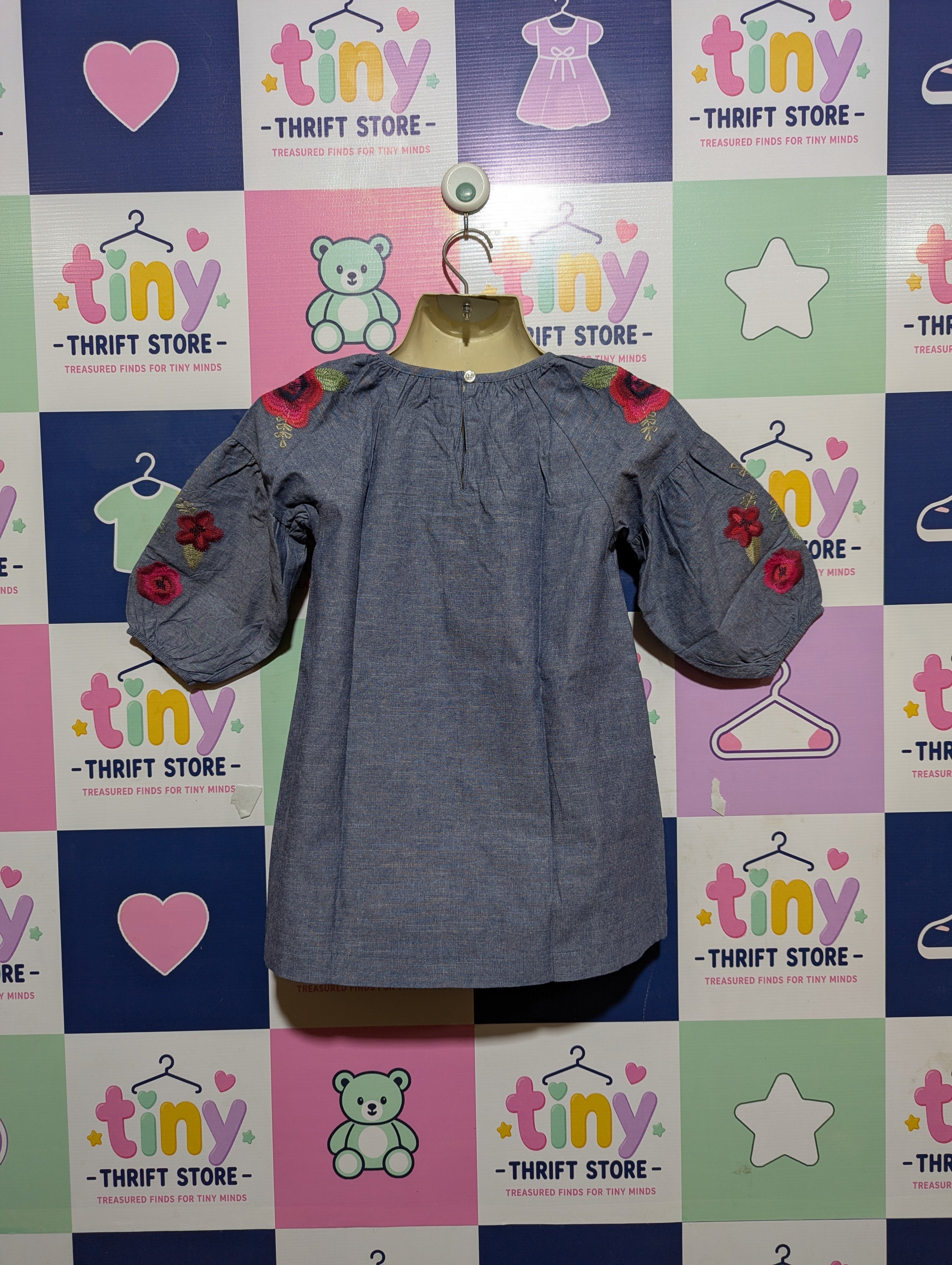 Mud Pie Girls Blue Chambray Floral Embroidered Dress - Size 4T Estimated Age 4 Years AB2