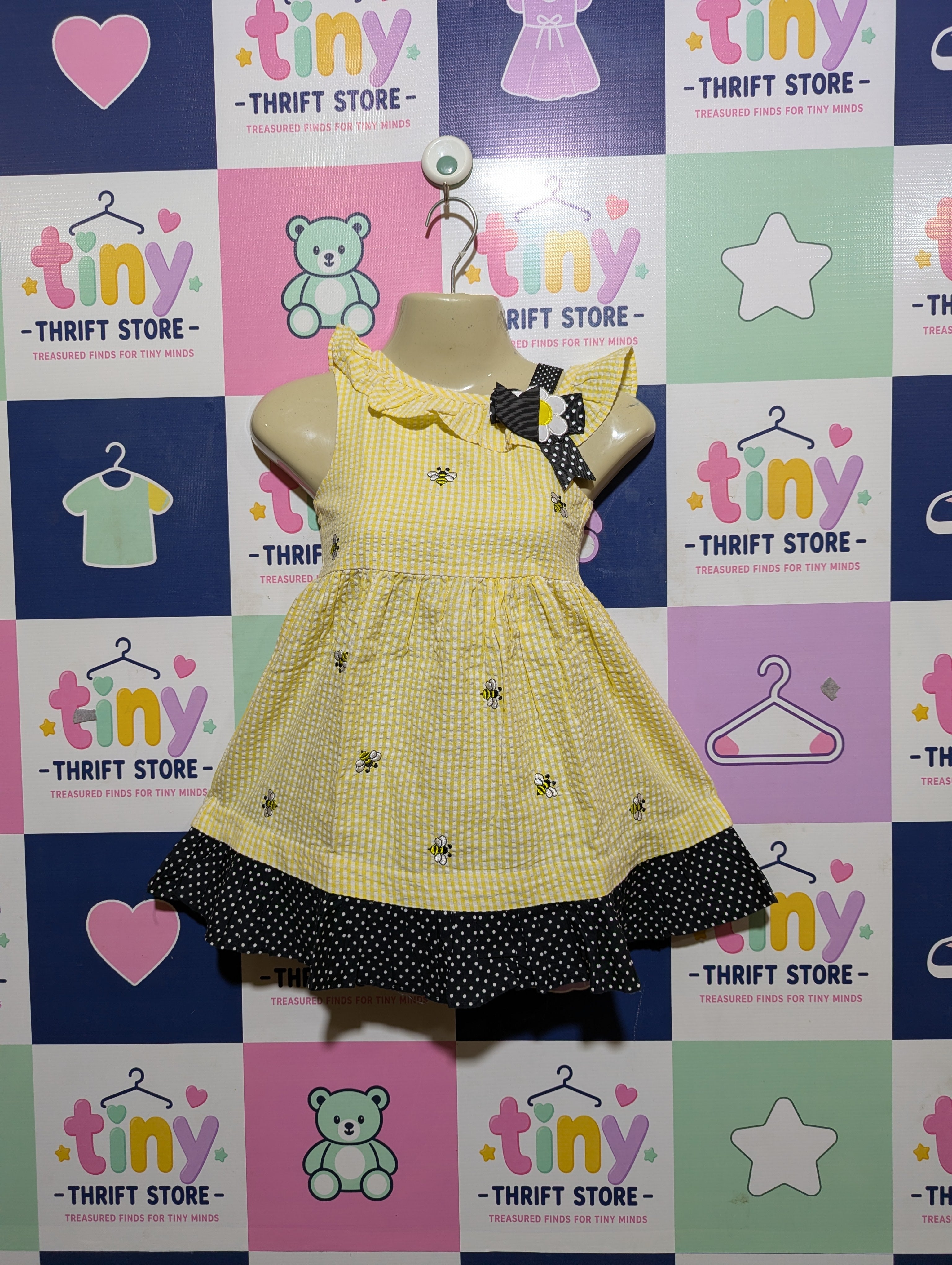 Counting Daisies Girls Yellow Gingham & Bee Embroidered Dress - Size 4T Estimated Age 4 Years AB2