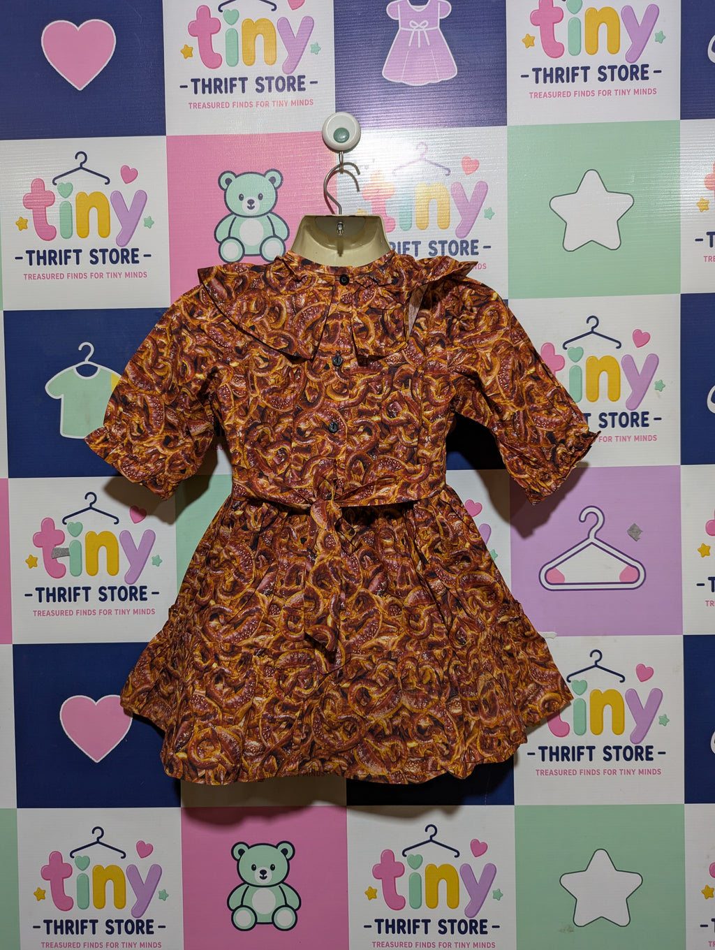 Unbranded Girls Brown Pretzel Print Ruffled Tiered Dress - Size 3-4 Years Estimated Age 3-4 Years AB2