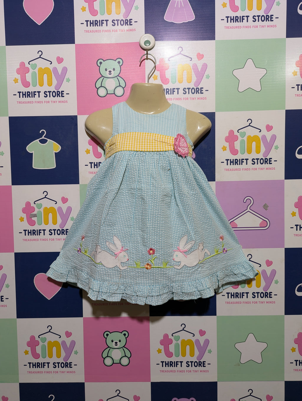 Good Lad Girls Light Blue Gingham & Bunny Embroidered Dress - Size 4T Estimated Age 4 Years AB2