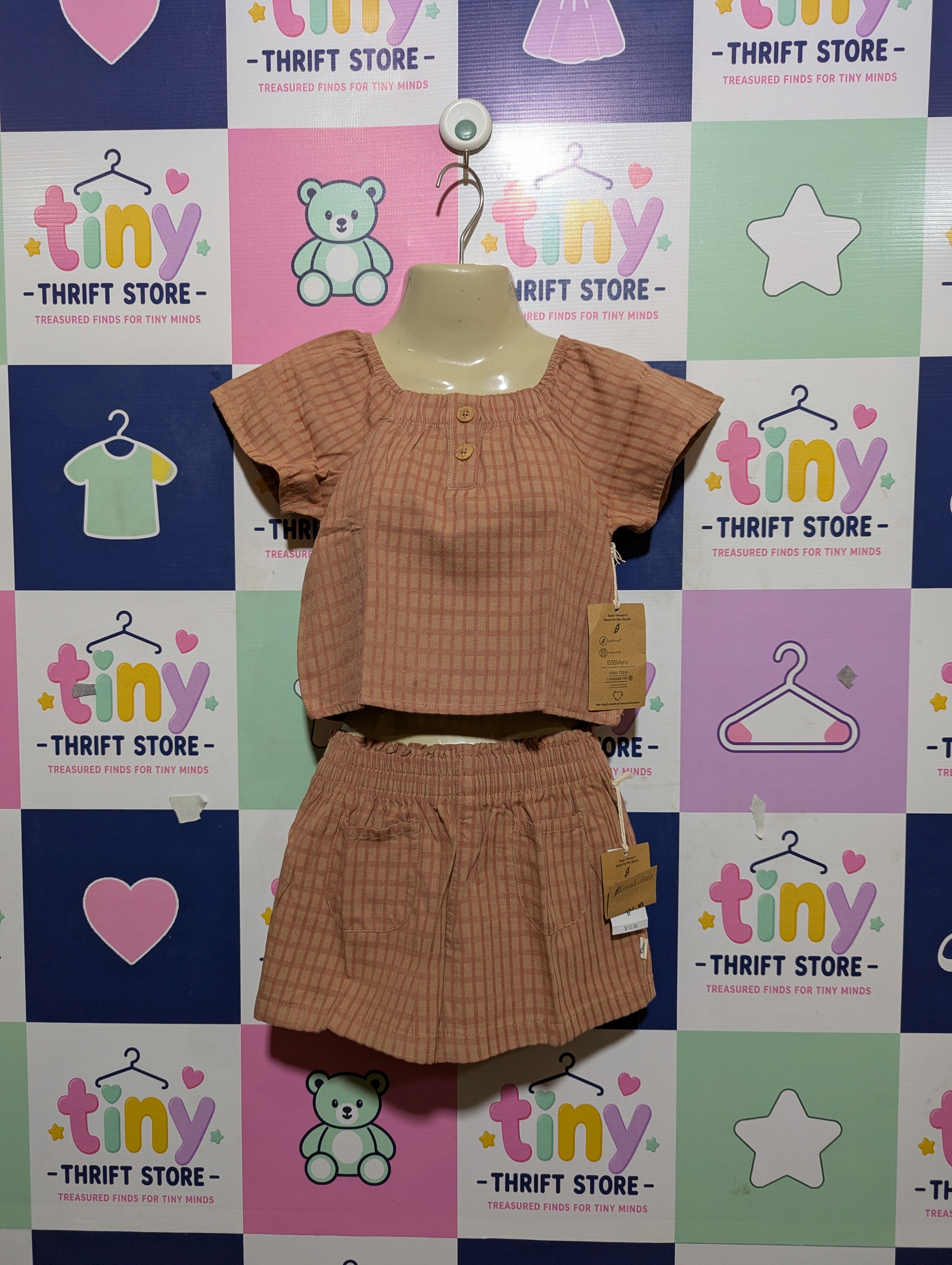 easy-peasy Girls Terracotta Plaid Square Neck Top & Shorts Set - Size 3T Estimated Age 3 Years AB2