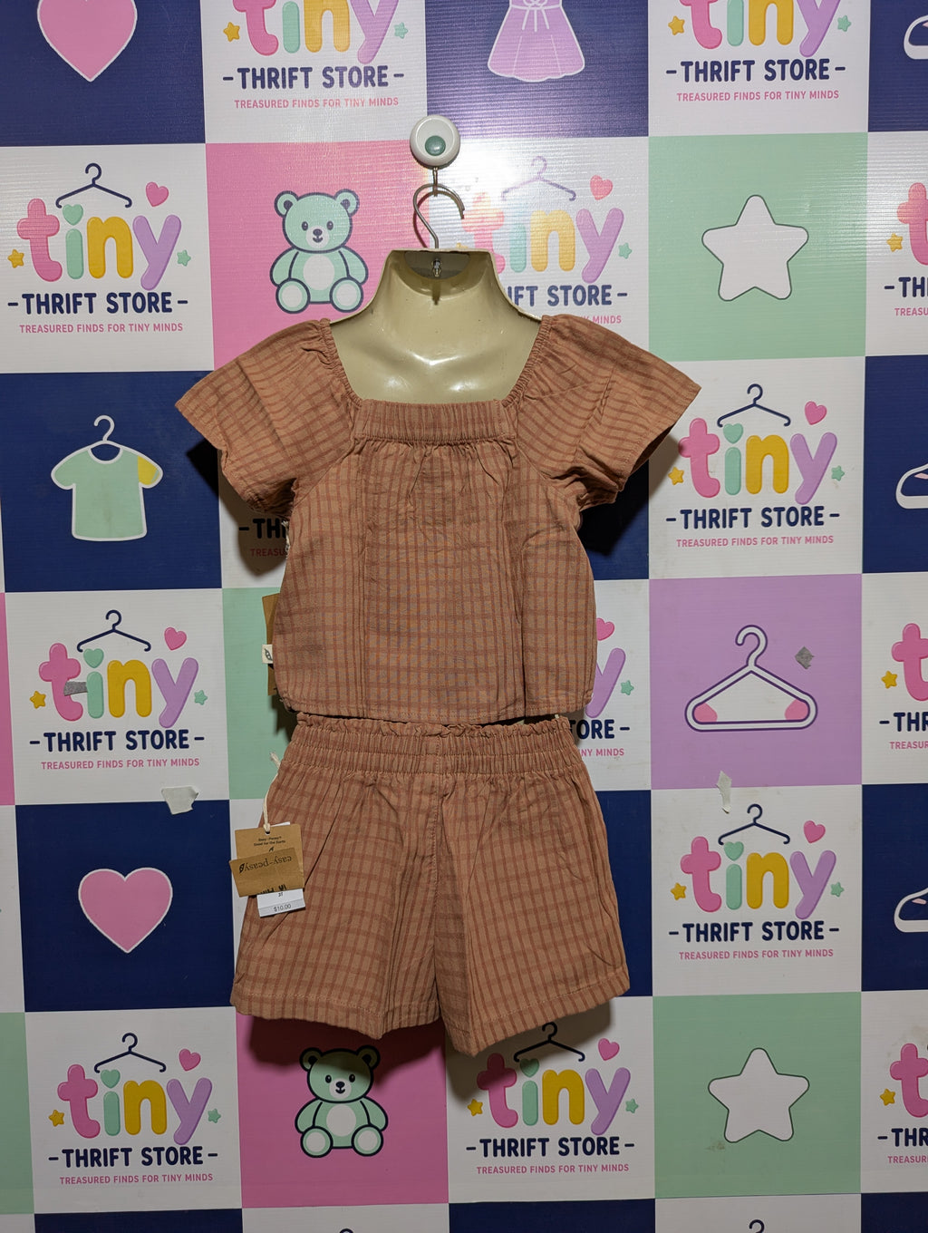 easy-peasy Girls Terracotta Plaid Square Neck Top & Shorts Set - Size 3T Estimated Age 3 Years AB2