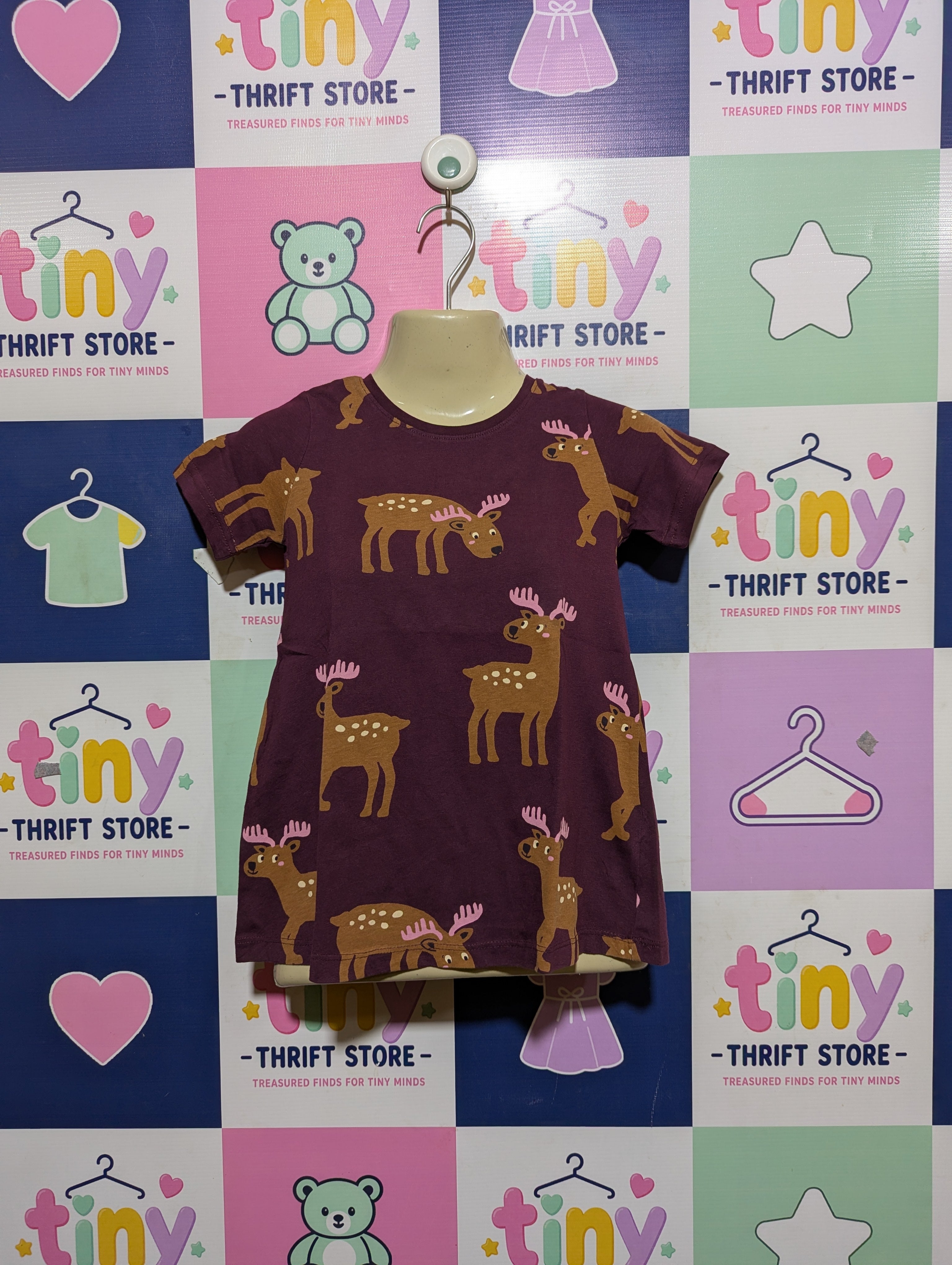 LINDEX Girls Plum Purple "Reindeer" Short Sleeve Dress - Size 98 Estimated Age 2-3 Years AB2