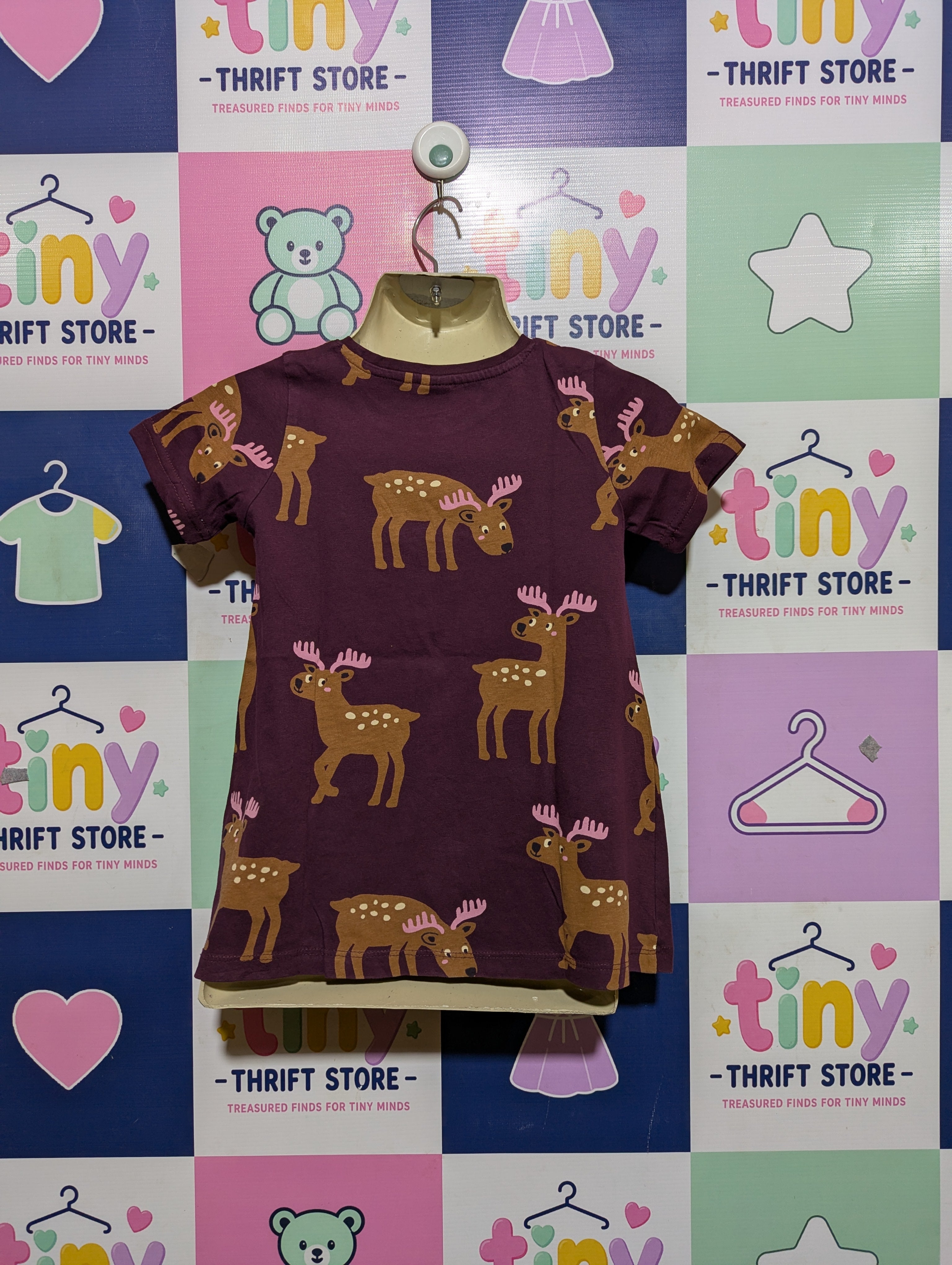 LINDEX Girls Plum Purple "Reindeer" Short Sleeve Dress - Size 98 Estimated Age 2-3 Years AB2