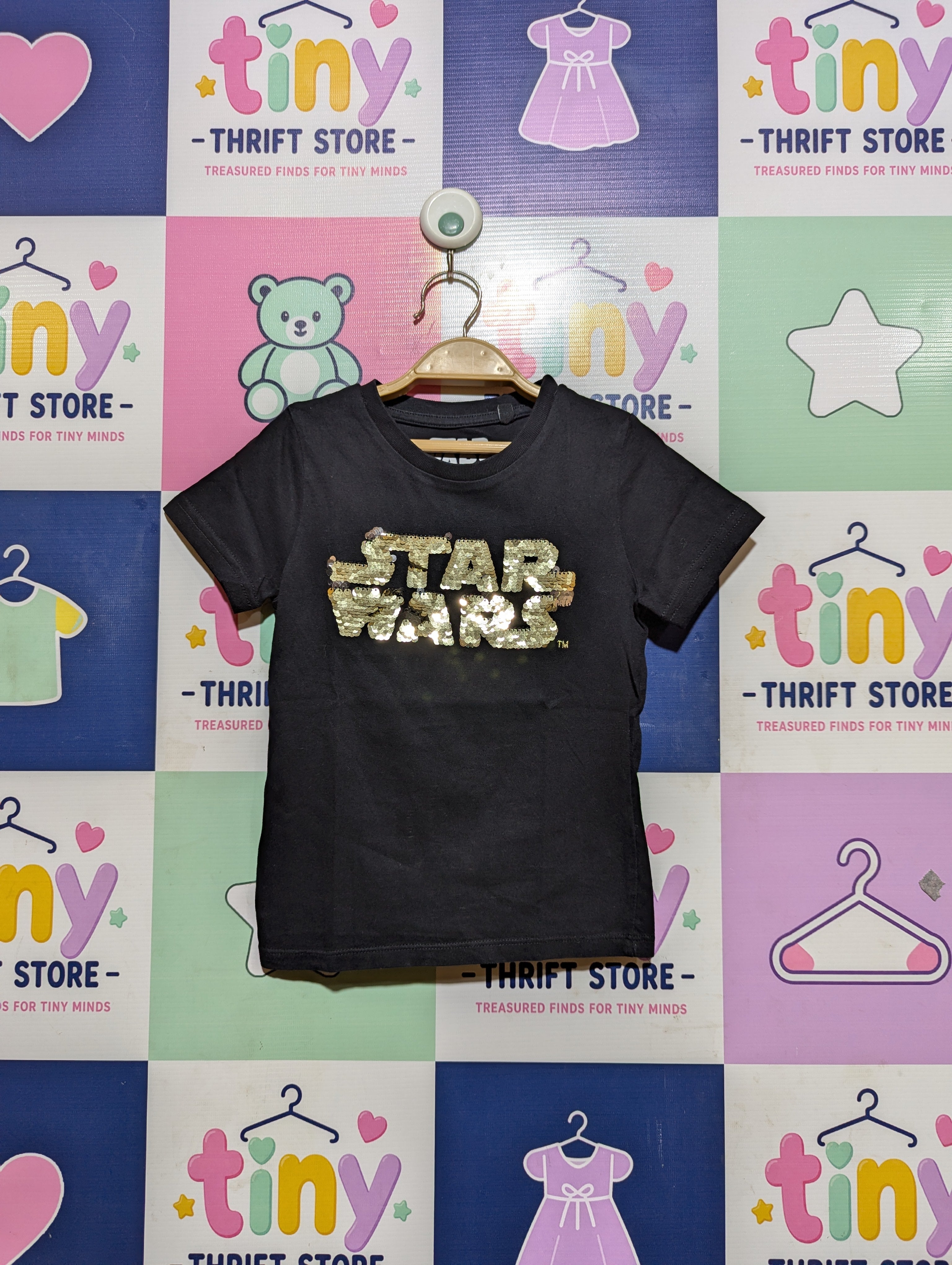 Star Wars Girls Black Sequin "Star Wars" Short Sleeve T-Shirt - Size 4A Estimated Age 4 Years AB2
