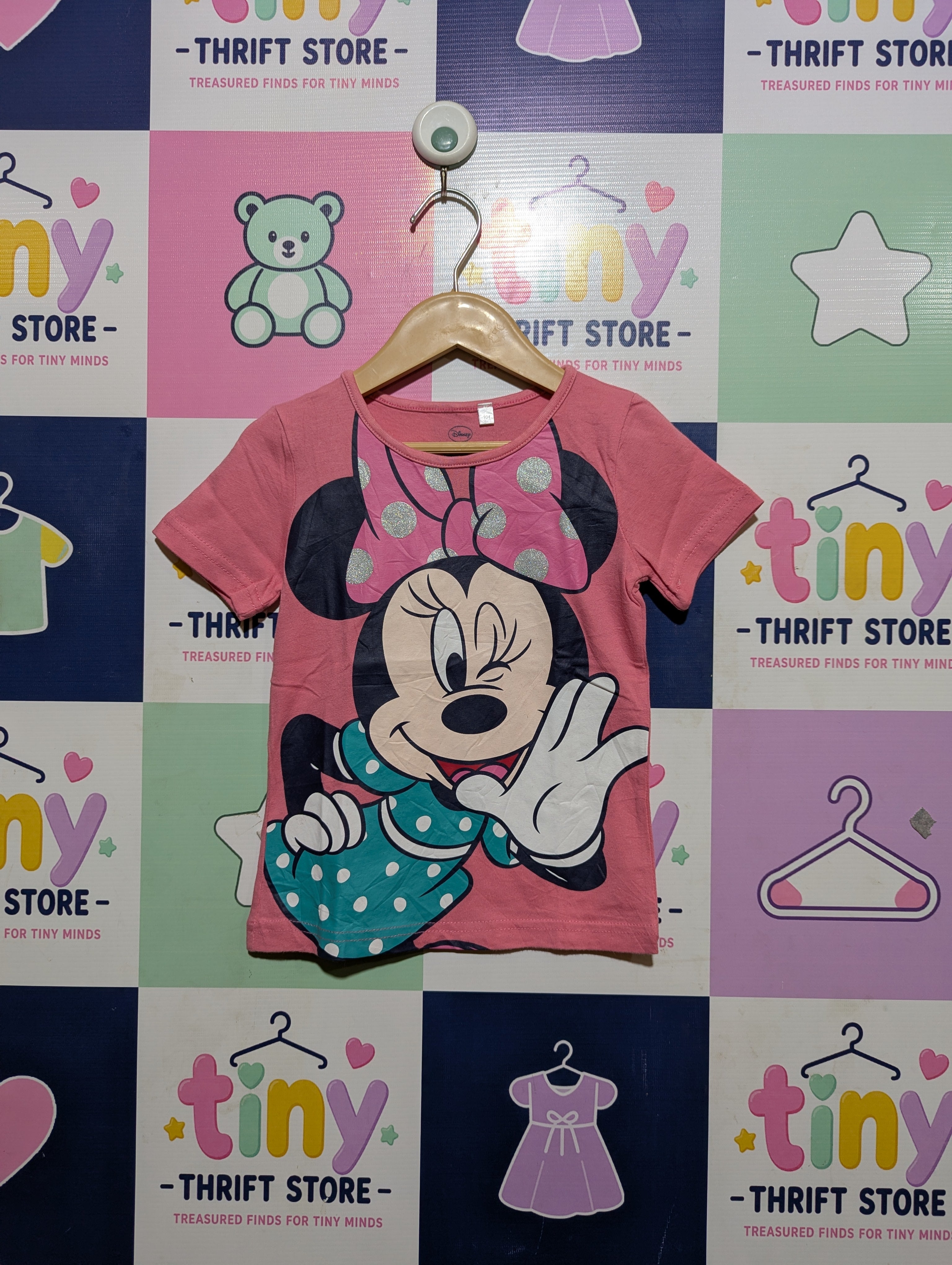 Disney Minnie Mouse Girls Pink Sequin "Minnie Mouse" Short Sleeve T-Shirt - Size 104 Estimated Age 4 Years AB2
