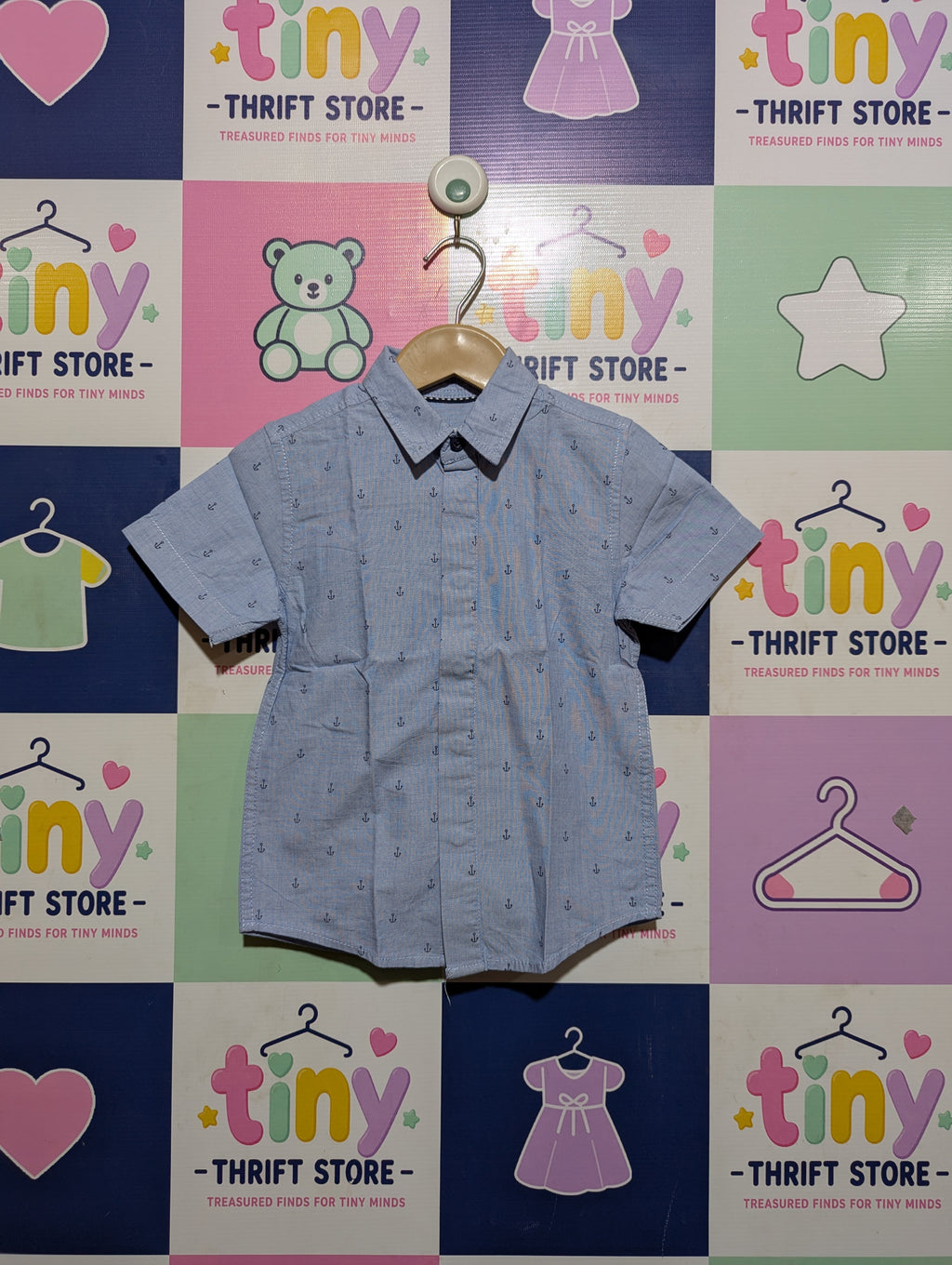 Cool Club Girls Light Blue Anchor Print Short Sleeve Button-Down Shirt - Size 98 Estimated Age 2-3 Years AB2