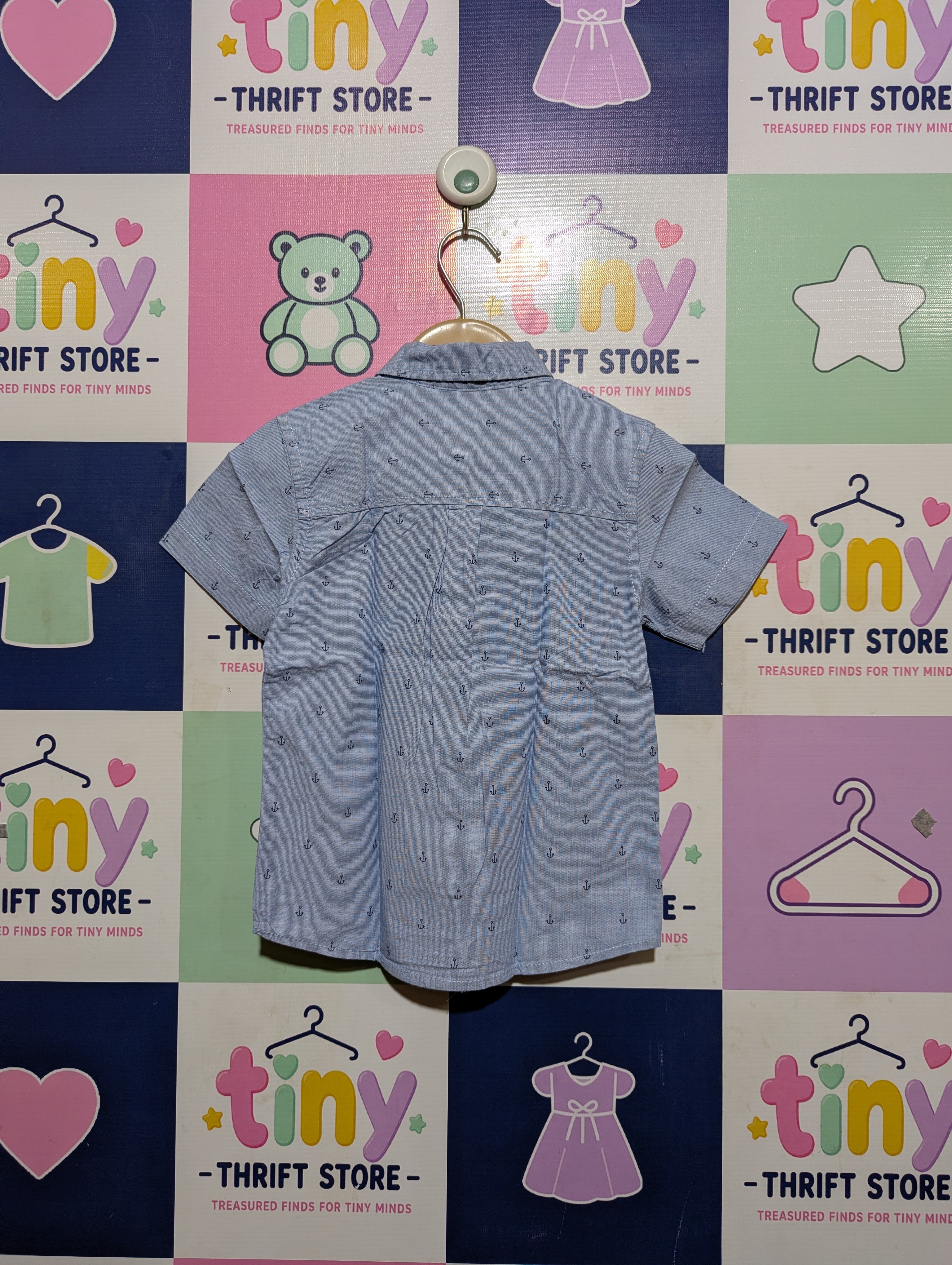 Cool Club Girls Light Blue Anchor Print Short Sleeve Button-Down Shirt - Size 98 Estimated Age 2-3 Years AB2