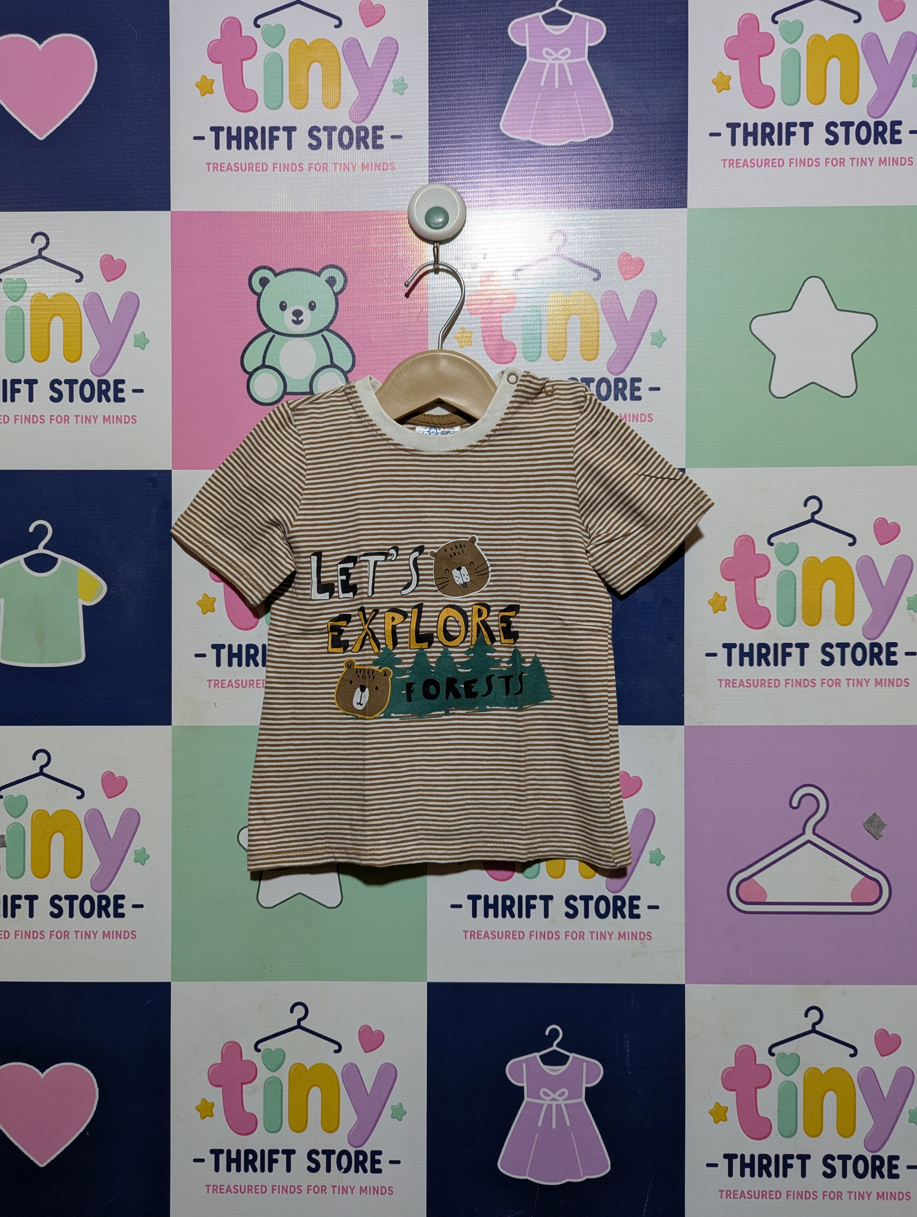 So Cute Boys Brown Striped "Let's Explore Forests" Short Sleeve Tee - Size 92cm Estimated Age 18-24 Months AB2