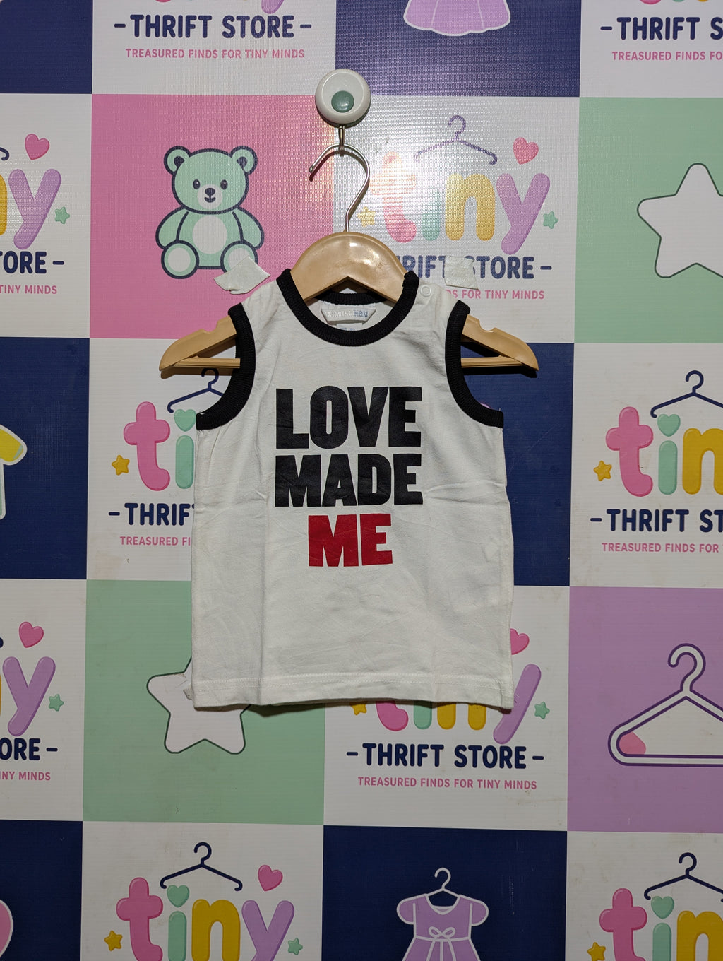 H&M Boys White and Black "LOVE MADE ME" Snatched Tank Top - Size 80 Estimated Age 9-12 Months AB2